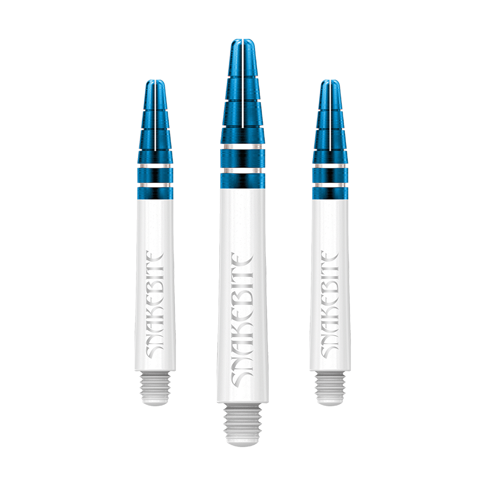 Das Bild zeigt drei Dartschäfte in Weiß und Blau mit der Aufschrift "Snakebite". Es handelt sich um die Red Dragon Nitrotech Peter Wright Blue Shafts mit einer Länge von 39 mm.
