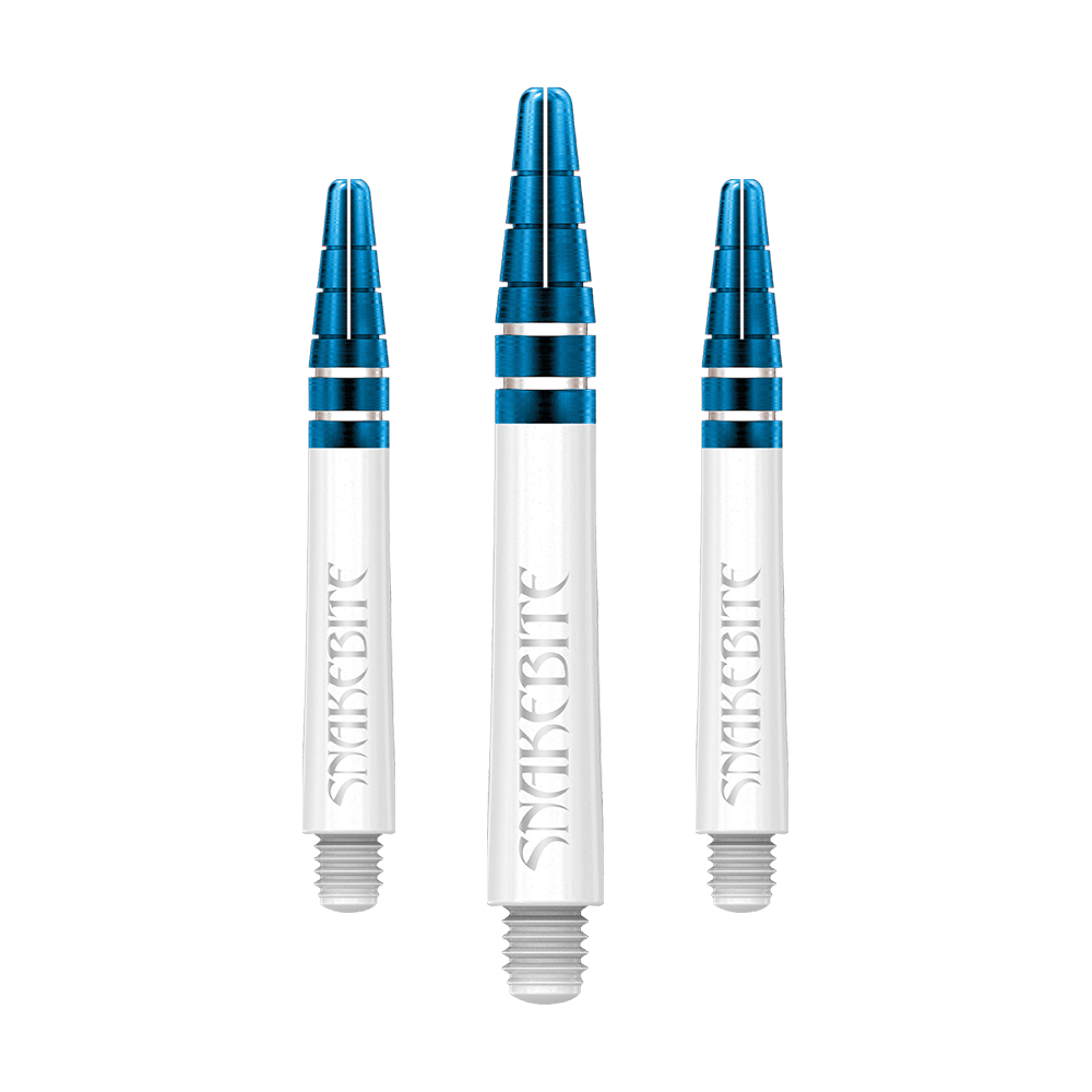 C802_Red_Dragon_Nitrotech_Peter_Wright_White_Blue_Shafts_39mm_1 Das Bild zeigt drei Dartschäfte in Weiß und Blau mit der Aufschrift "Snakebite". Es handelt sich um die Red Dragon Nitrotech Peter Wright Blue Shafts mit einer Länge von 39 mm.