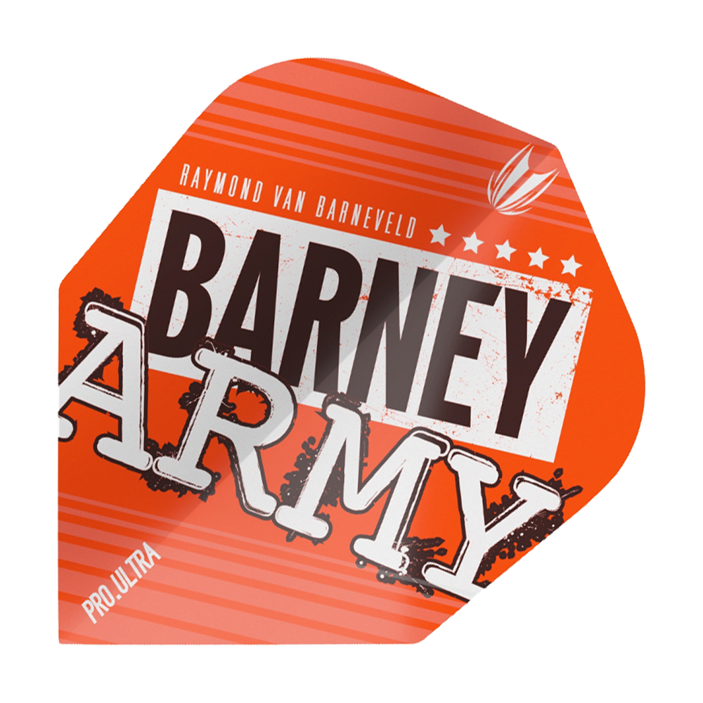 TG64_334310_Target_ProUltra_Barney_Army_Orange_Ten-X_Flights_1w8mUNvE8M34Y9 Das Bild zeigt ein orangefarbenes Dart-Flight mit dem Aufdruck "Barney Army". Oben steht der Name "Raymond van Barneveld" und unten links ist "Pro Ultra" zu lesen.