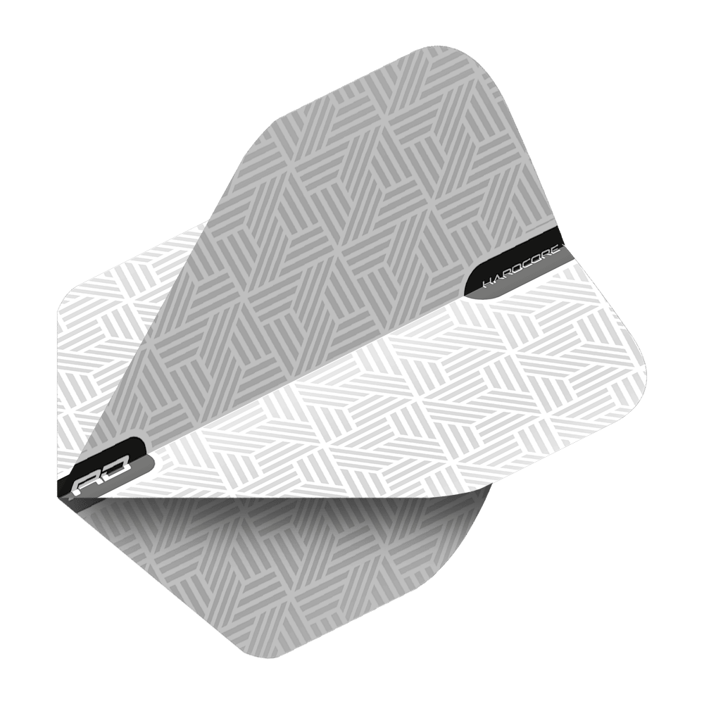Das Bild zeigt einen weißen Dartflight mit geometrischem Muster. Auf dem Flight steht der Schriftzug „HARDCORE“.