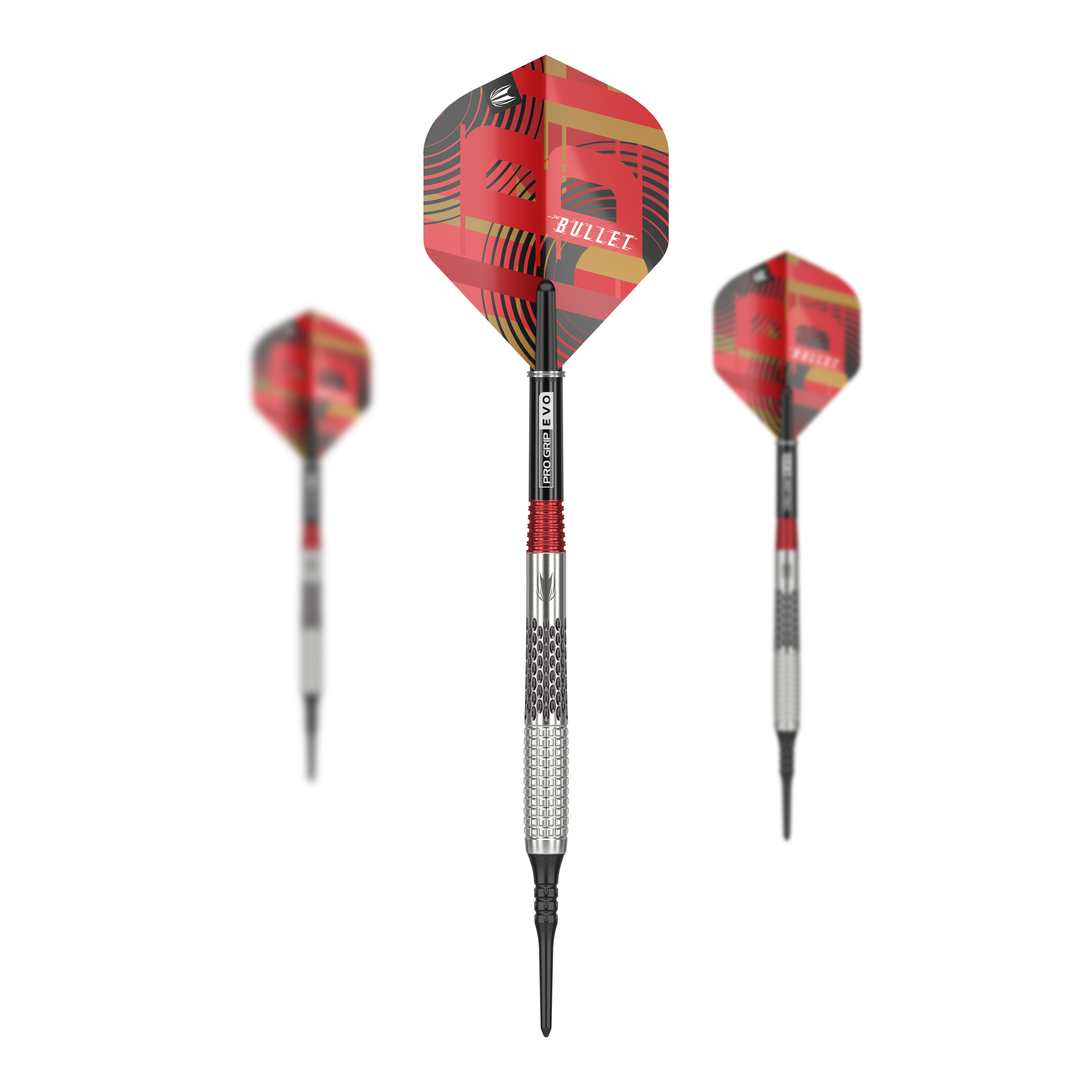 Target Stephen Bunting GEN5 Soft Darts - 18g Das Bild zeigt drei Softdarts des Modells "Target Stephen Bunting GEN5" mit einem Gewicht von 18g. Die Flights sind rot gemustert und tragen die Aufschrift "BULLET".