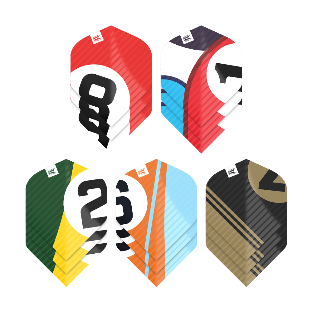 Das Bild zeigt fünf verschiedene Sets von Dart-Flights in bunten Farben und mit großen Zahlen. Jedes Set hat ein einzigartiges Design und verschiedene Farbkombinationen.