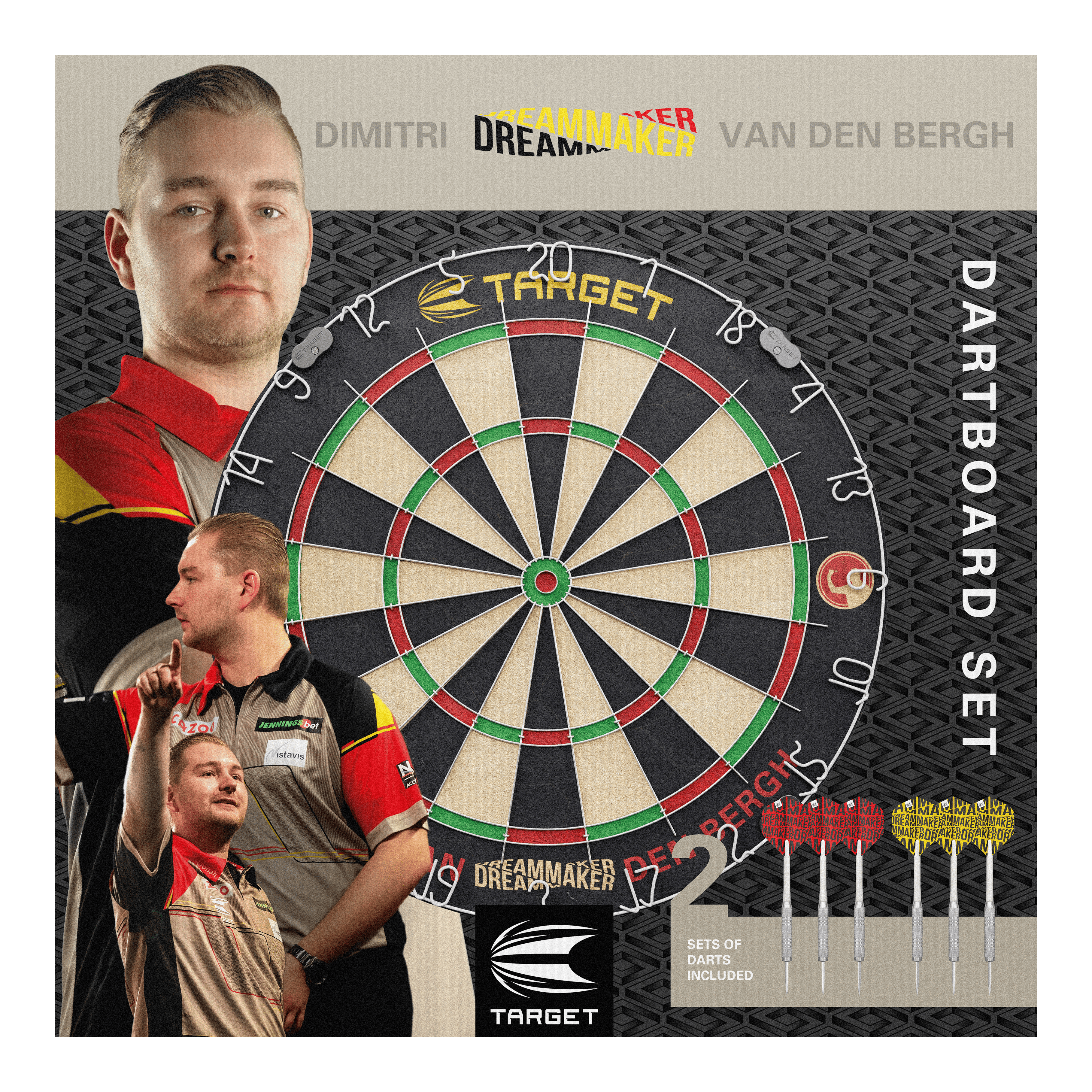 Target Dimitri Van Den Bergh steel dartboard set Das Bild zeigt das Produkt "Target Dimitri Van Den Bergh Steeldartboard Set" mit einer großen Dartscheibe in der Mitte. Rechts unten sieht man sechs mitgelieferte Darts und im Hintergrund ist Dimitri Van Den Bergh mehrfach abgebildet.