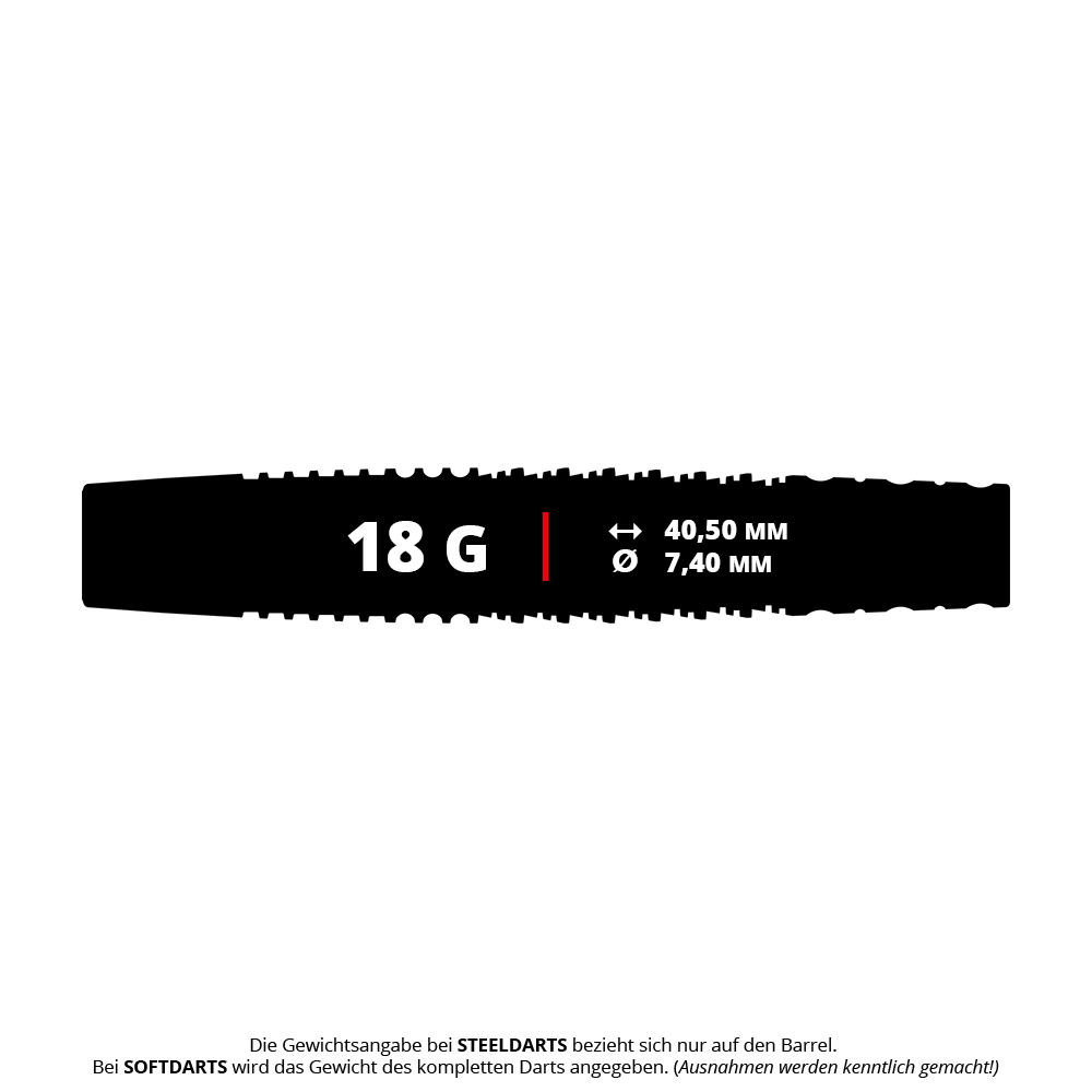 Das Bild zeigt das Produkt "Target Scott Williams GEN2 Softdarts - 18g". Die Maße des Darts sind 40,50 mm Länge und 7,40 mm Durchmesser.