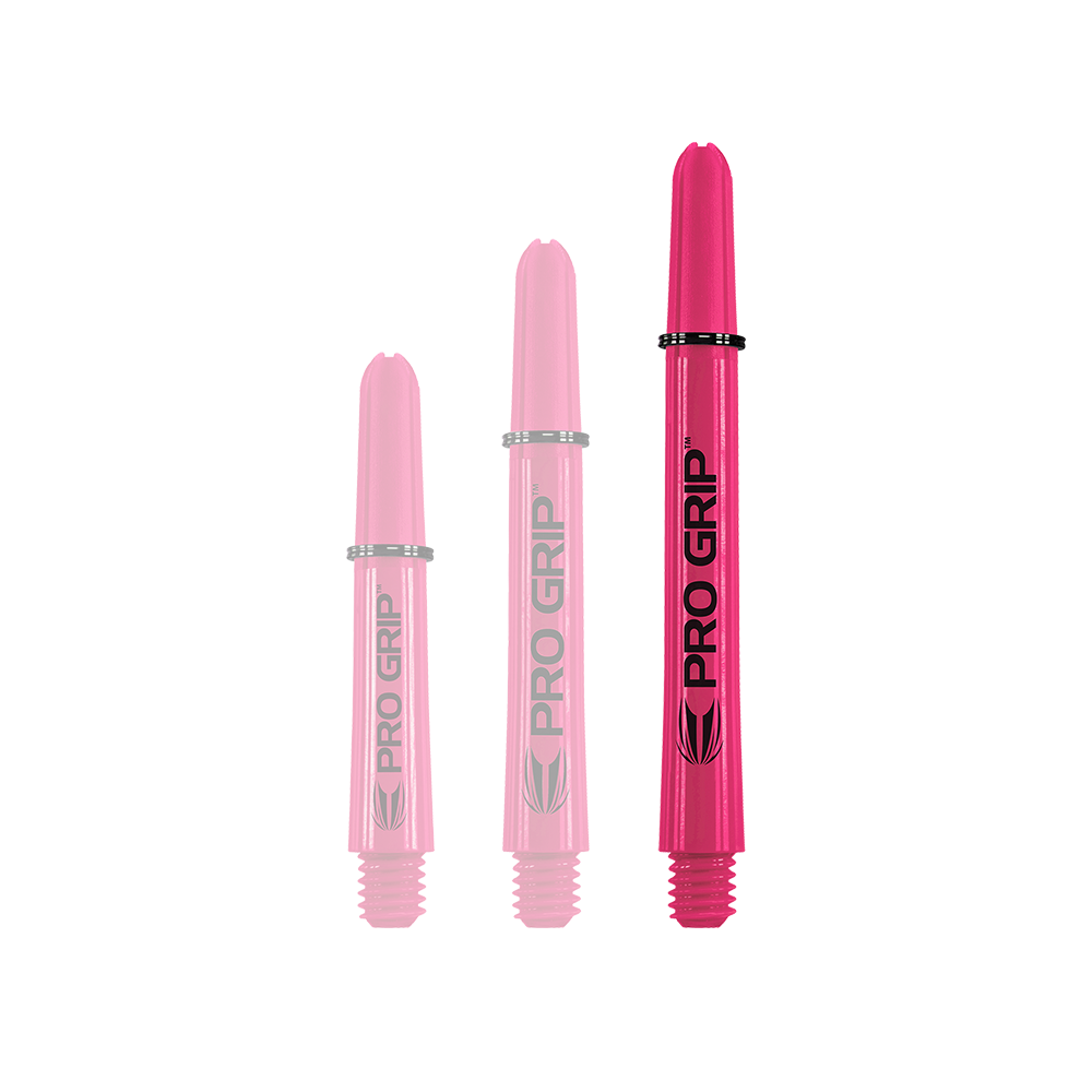 Target Pro Grip Shafts - 3 Sets - Pink Das Bild zeigt drei pinke Pro Grip Shafts in verschiedenen Längen. Sie stehen nebeneinander und haben die Aufschrift "PRO GRIP".