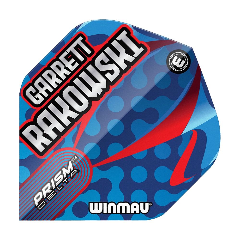 Das Bild zeigt die Winmau Prism Delta Garrett Rakowski Standard Flights. Das Flight-Design ist blau mit roten und hellblauen Akzenten sowie dem Namen "Garrett Rakowski" in großen Buchstaben.