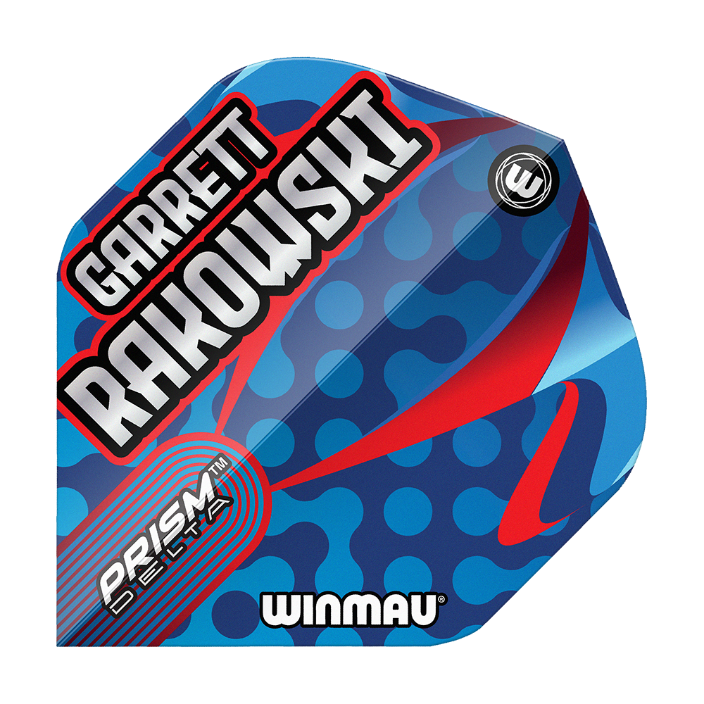 Winmau Prism Delta Garrett Rakowski Standard Flights Das Bild zeigt die Winmau Prism Delta Garrett Rakowski Standard Flights. Das Flight-Design ist blau mit roten und hellblauen Akzenten sowie dem Namen "Garrett Rakowski" in großen Buchstaben.