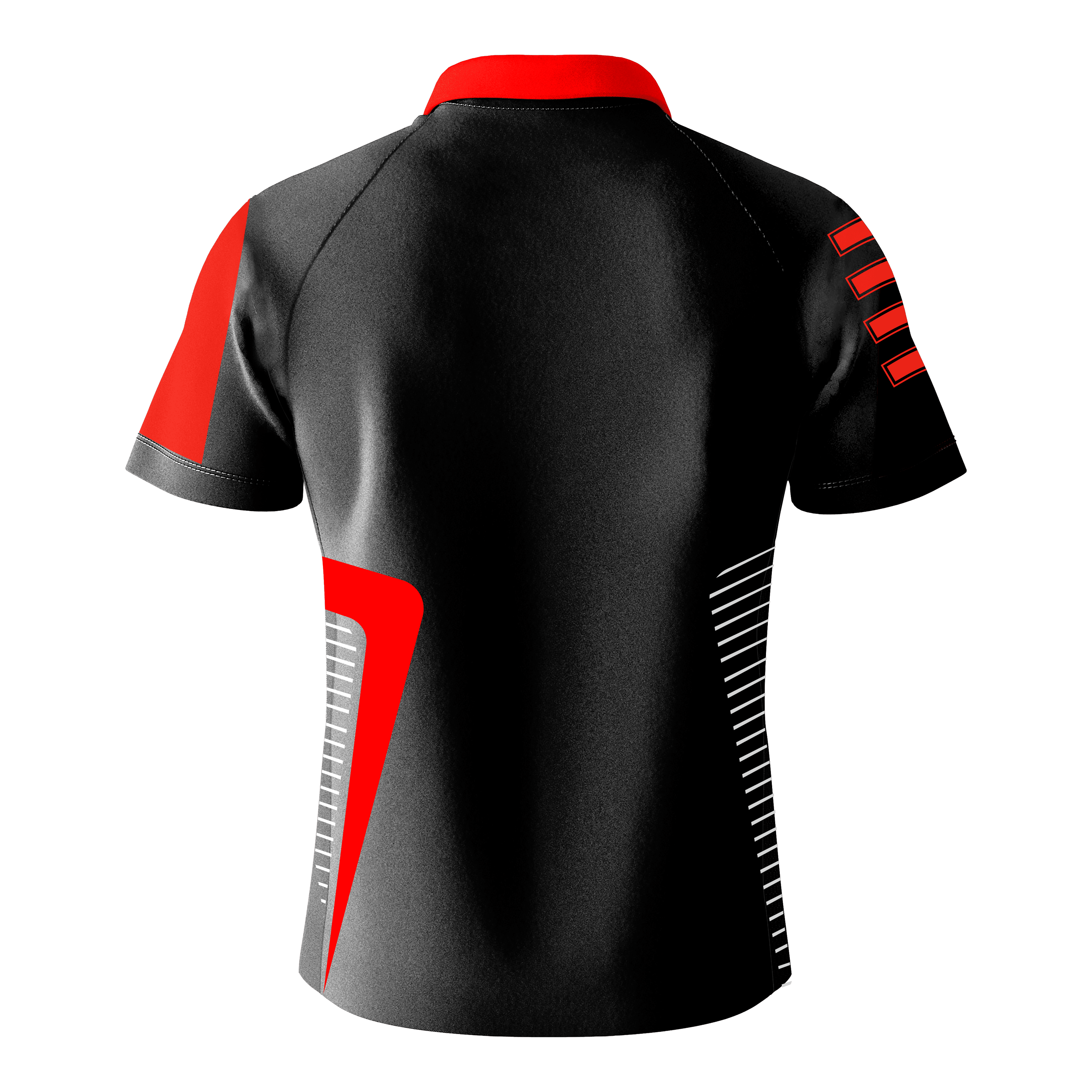 Bulls Team Dart Shirt - Red Das Bild zeigt das Bulls Team Dartshirt in Rot von hinten. Das Shirt ist hauptsächlich schwarz mit roten und weißen Designelementen auf den Ärmeln und an den Seiten.