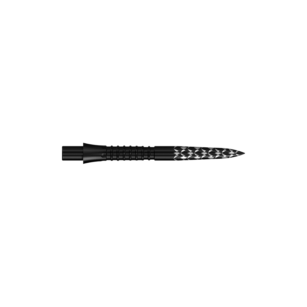 Mission Caliburn EVO dart tips GV logo - Black Schwarze Steeldartspitzen mit GV-Logo und einer Länge von 26 mm sind zu sehen. Das Bild zeigt das Produkt aus der Mission Caliburn EVO Serie.