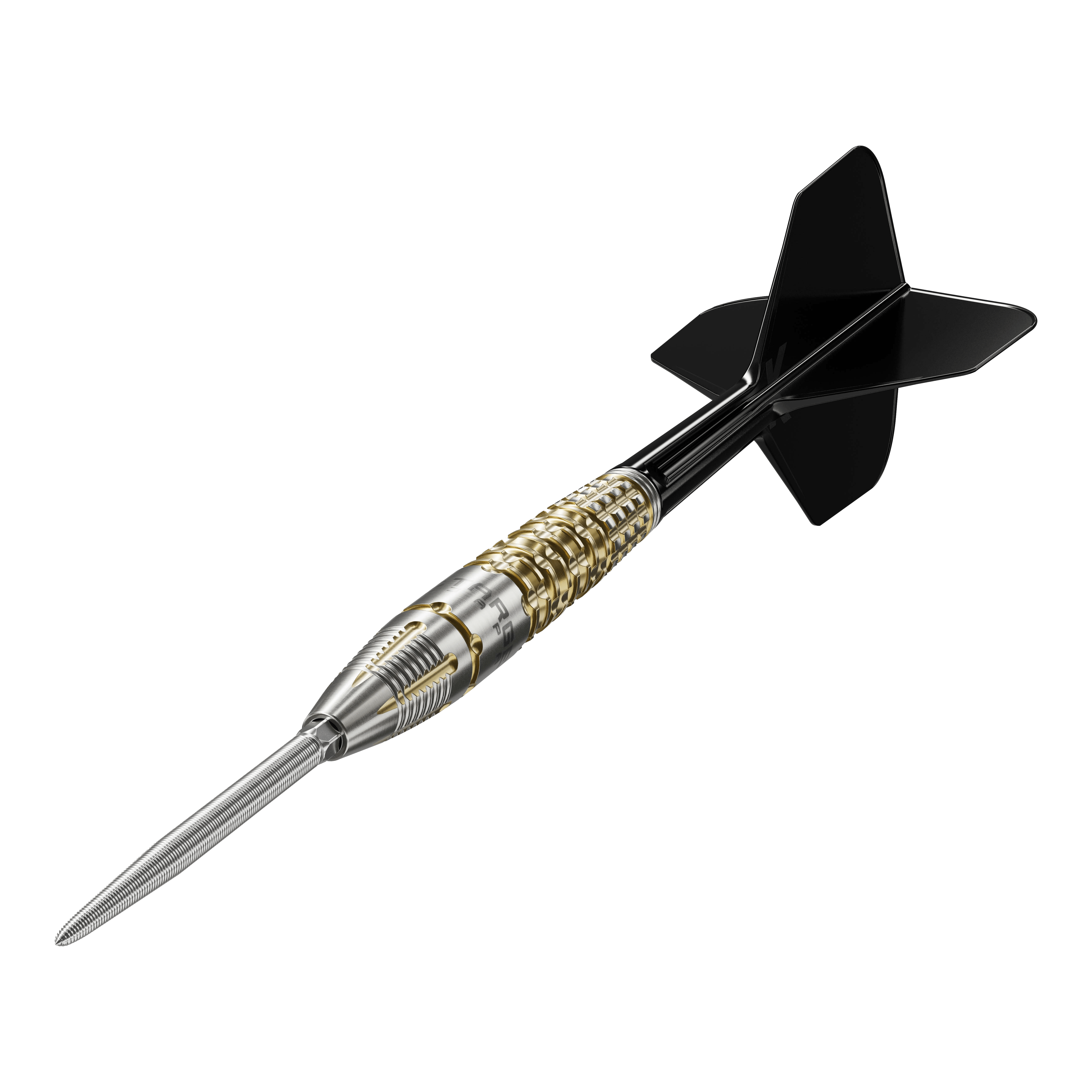 Das Bild zeigt einen Target Black Marque Warrior Swiss Point Steeldart. Der Dart hat eine silberne Spitze, einen gold-silbernen Griff und schwarze Flights.