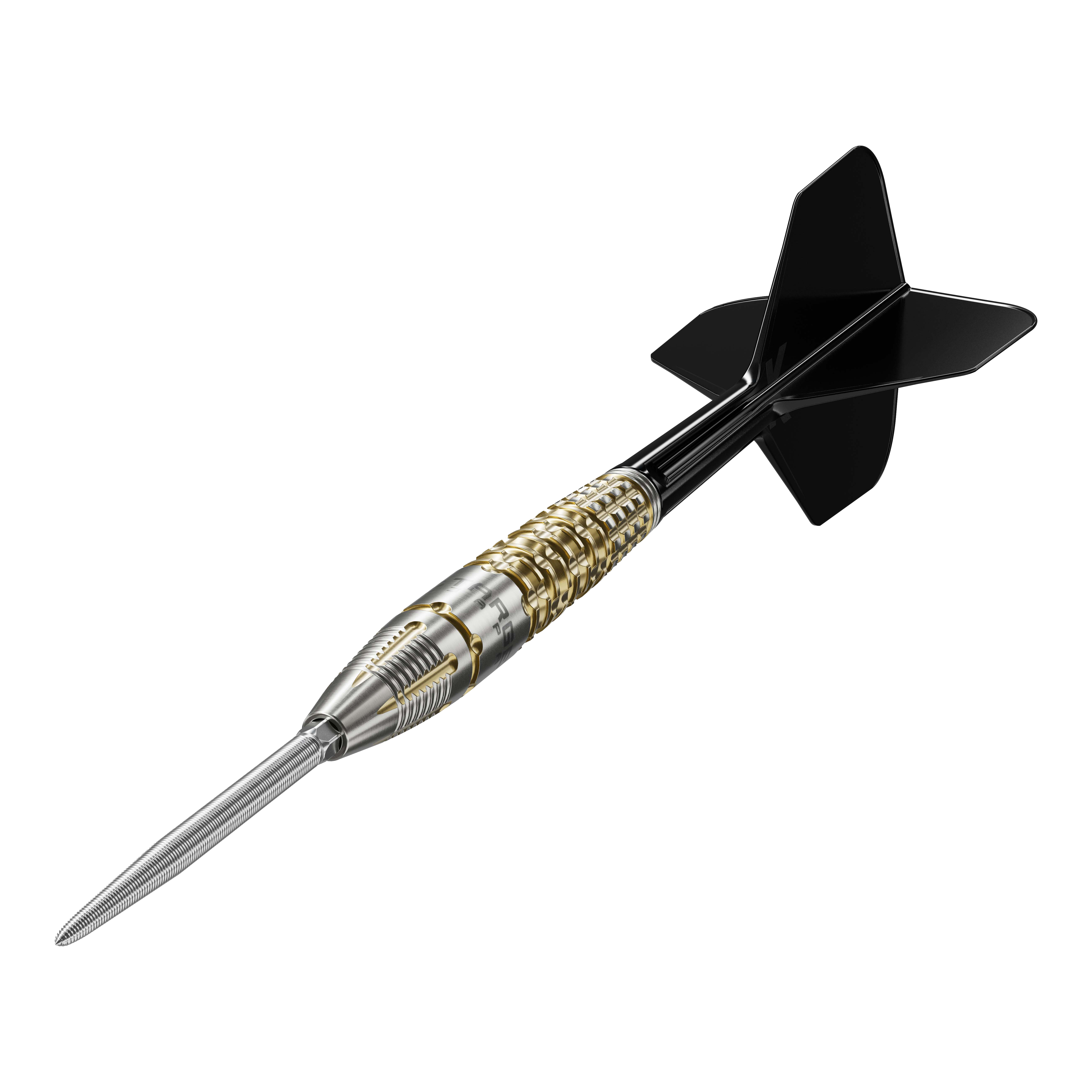 Target Black Marque Warrior Swiss Point Steel Darts Das Bild zeigt einen Target Black Marque Warrior Swiss Point Steeldart. Der Dart hat eine silberne Spitze, einen gold-silbernen Griff und schwarze Flights.