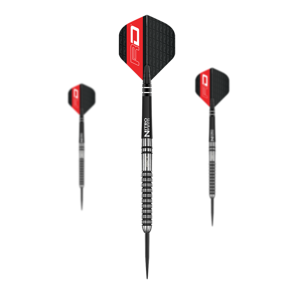 Red Dragon Gian Van Veen Steeldarts - 21g Das Bild zeigt drei Steeldarts des Modells "Red Dragon Gian Van Veen" mit einem Gewicht von 21g. Die Pfeile haben schwarze und rote Flights sowie silberne, gerillte Barrels.