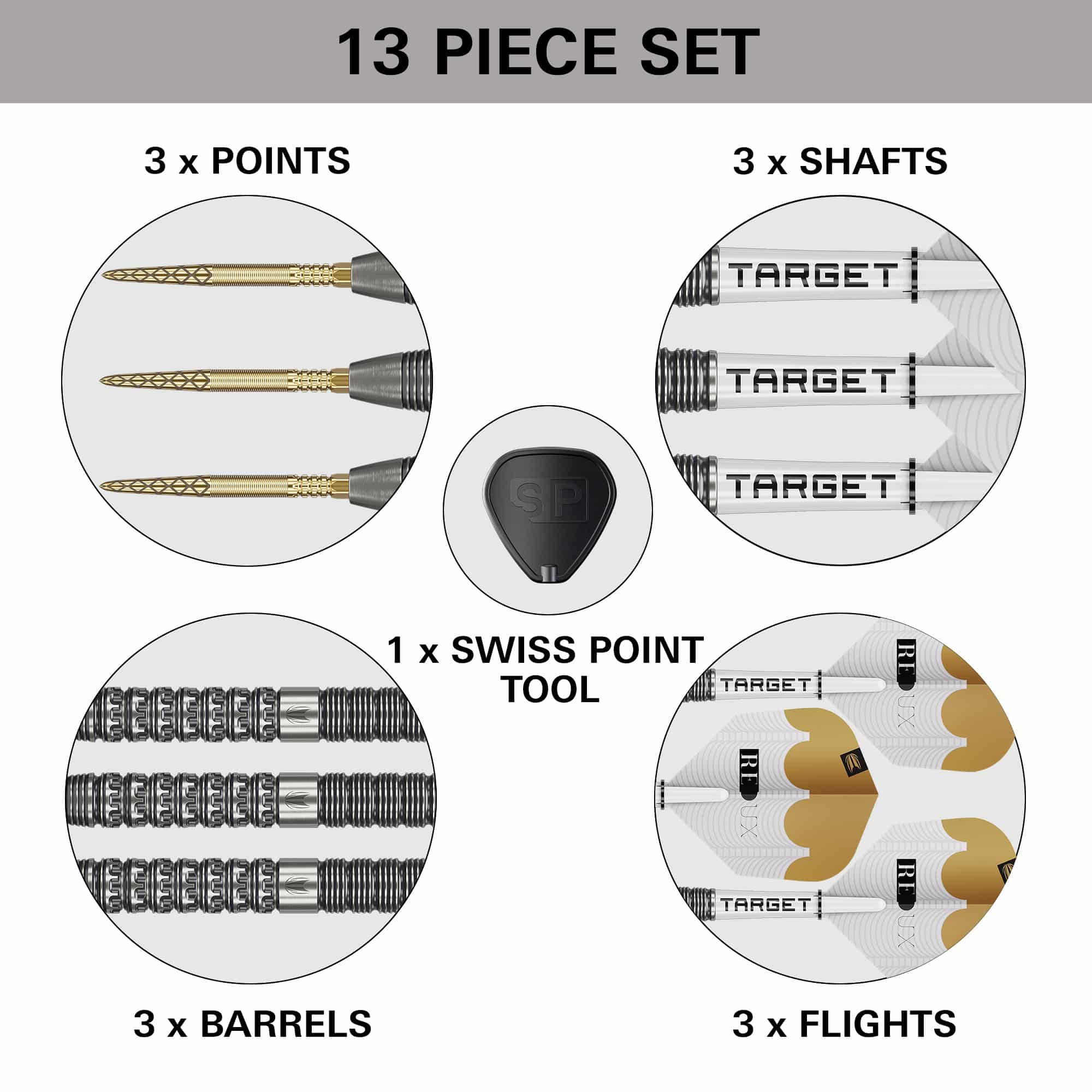 Das Bild stellt die Target Redux 01 Swiss Point Steeldarts dar. Diese Steeldarts besitzen eine spezielle Swiss Point Spitze.