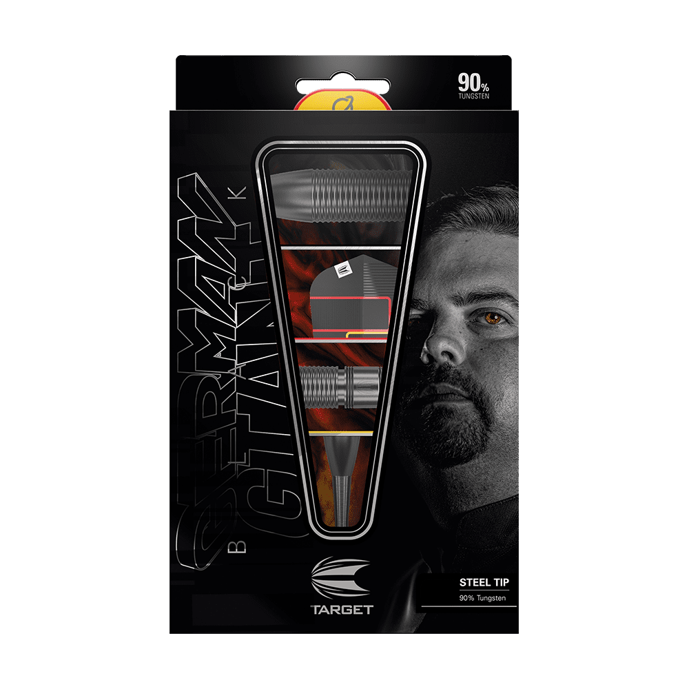 Auf dem Bild ist eine Verpackung für Steeldarts der Marke Target zu sehen. Die Packung zeigt einen Dartpfeil und das Gesicht eines Mannes im Hintergrund.