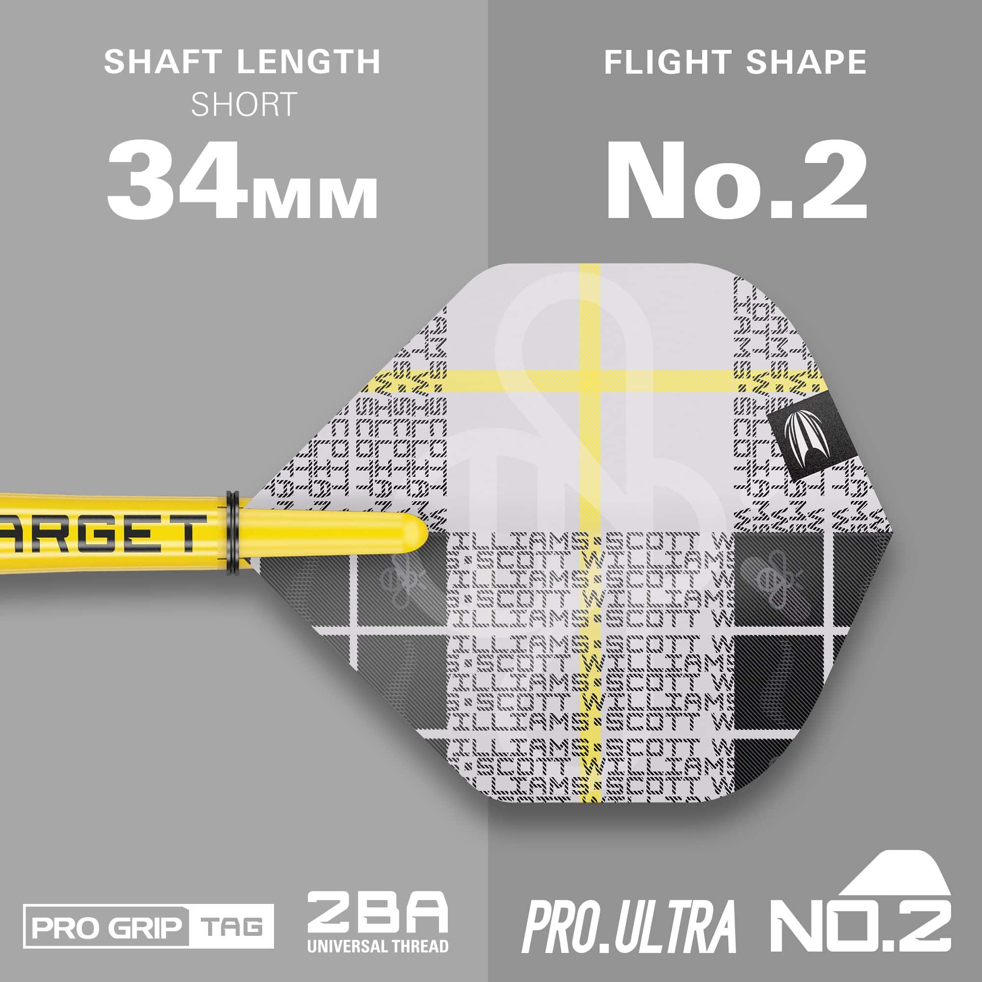 Target Scott Williams GEN2 soft darts - 18g Das Bild zeigt das Produkt "Target Scott Williams GEN2 Softdarts - 18g" mit einem kurzen Schaft von 34 mm. Die Flight-Form ist No. 2 und das Design ist in Gelb, Weiß und Schwarz gehalten.