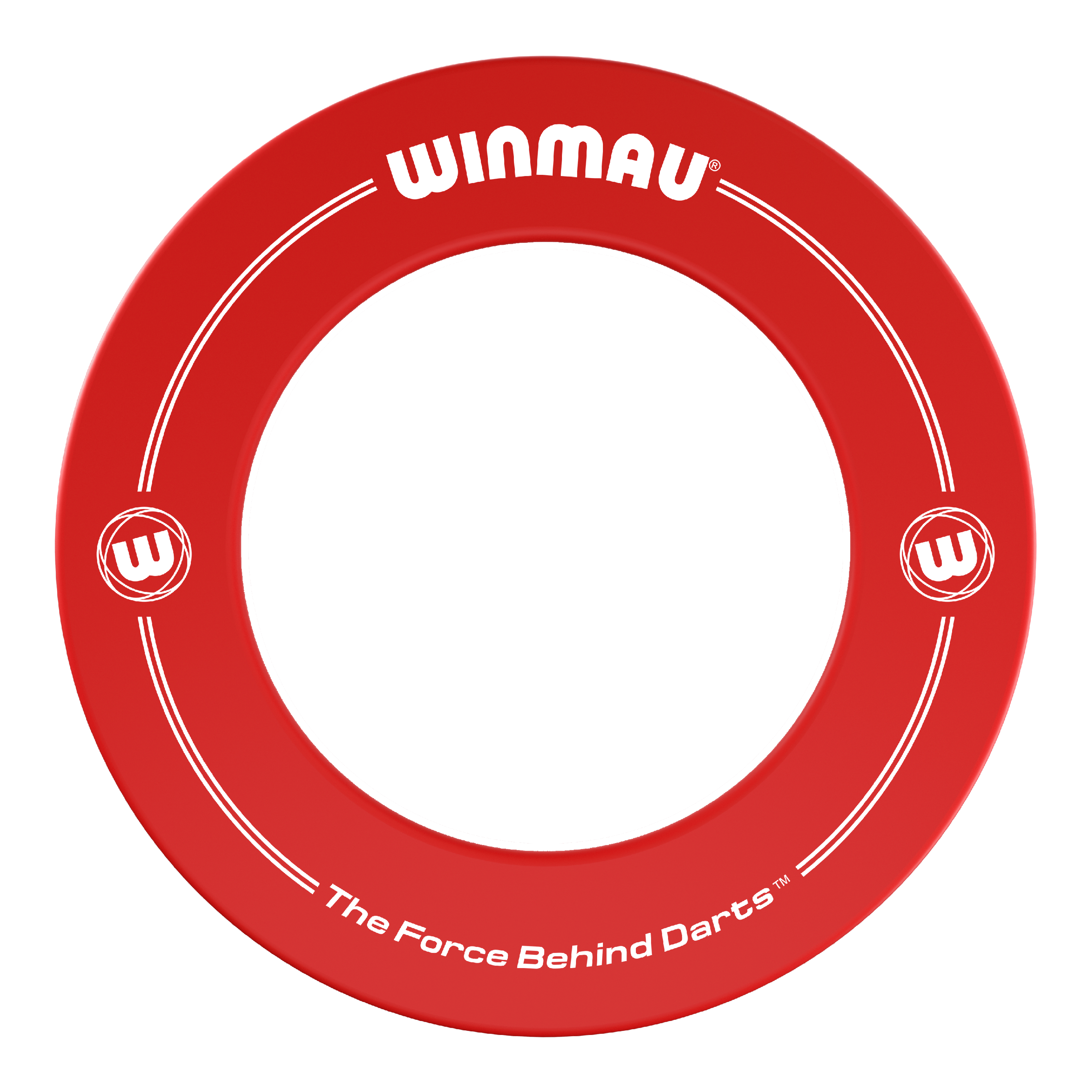 Das Bild zeigt einen roten Dartboard-Surround-Ring der Marke Winmau. Auf dem Ring steht der Slogan „The Force Behind Darts™“.