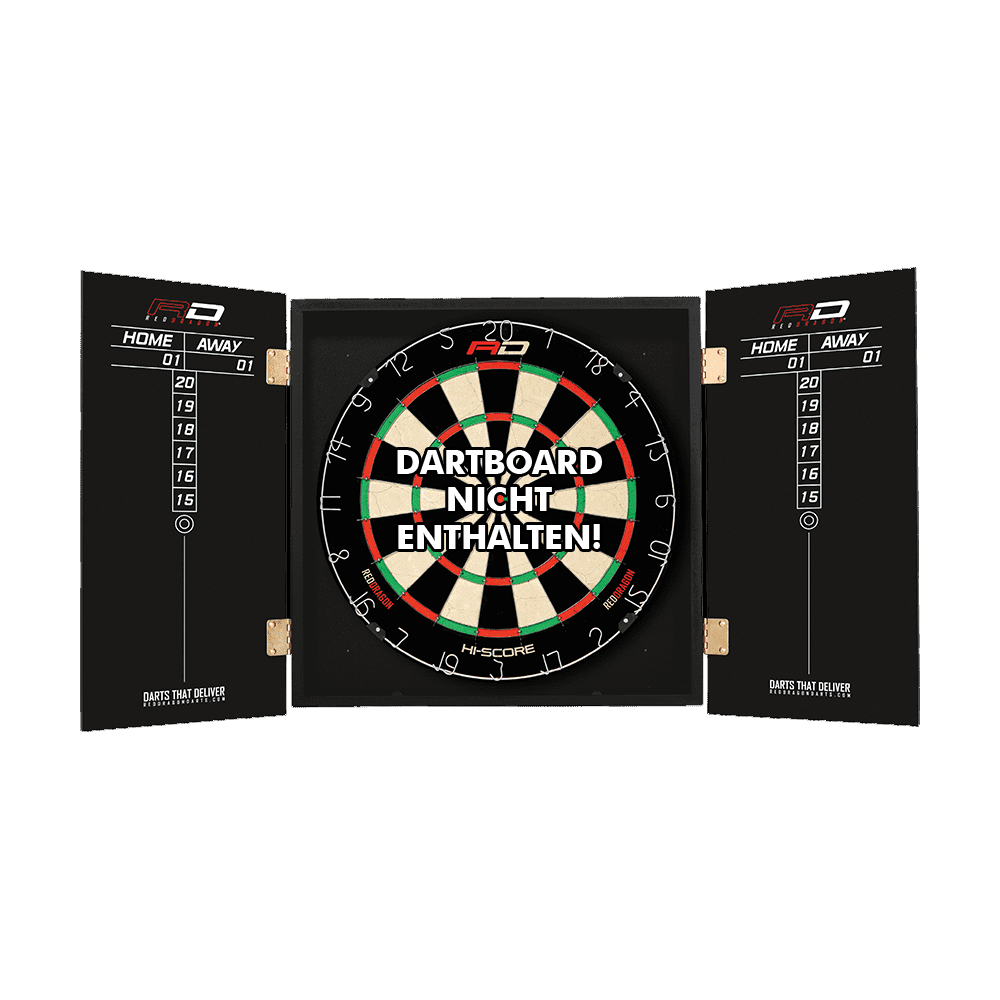 Z0169_Red_Dragon_Peter_Wright_Dartboard_Cabinet_3rSV1cY93jKX5f Das Bild zeigt das "Red Dragon Peter Wright Dartboard Kabinet" mit geöffneten Türen und einem Dartboard im Inneren. Auf dem Dartboard steht in großen Buchstaben: "DARTBOARD NICHT ENTHALTEN!"