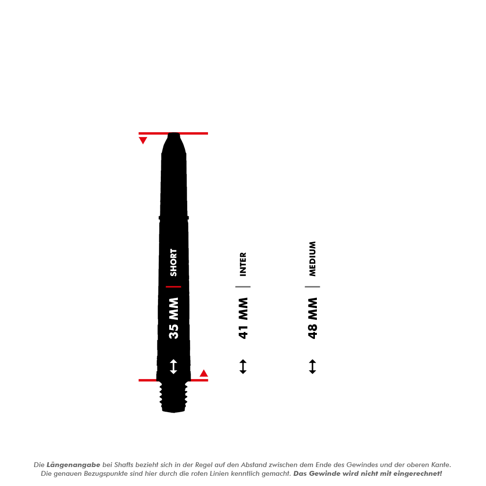 7020_Winmau_Prism_Force_Shafts_5_35mmChpKFhBL6KYOD Das Bild zeigt verschiedene Längen von Dartschäften, wobei die kurze Version 35 mm lang ist. Die Längenangaben beziehen sich auf den Abstand vom Ende des Gewindes bis zur oberen Kante, ohne das Gewinde einzuberechnen.