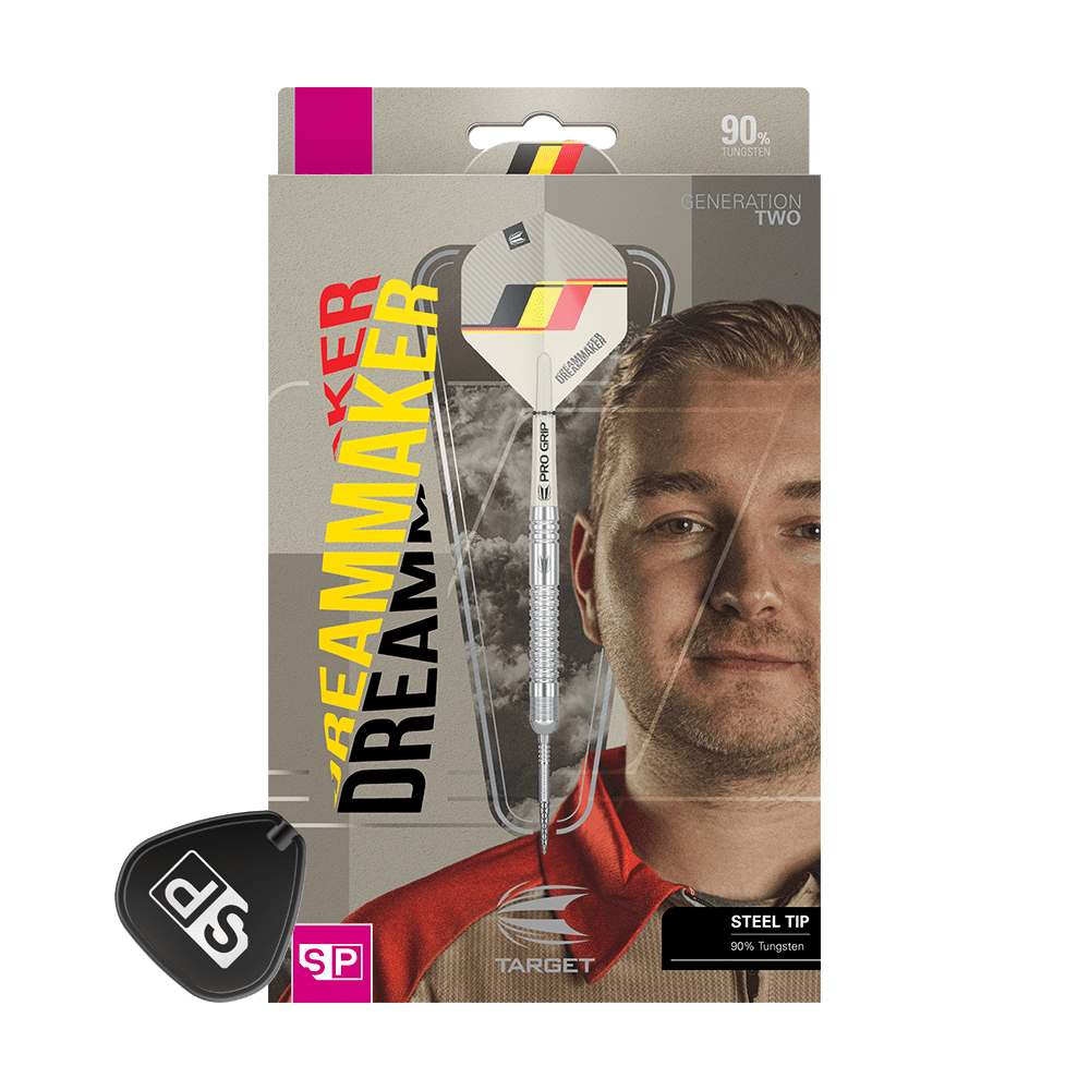 190224-_Target_Dimitri_Van_Den_Bergh_GEN2_Swiss_Point_Steeldarts_3 Auf dem Bild ist eine Verpackung für Steeldarts der Marke Target zu sehen. Auf der Verpackung steht groß „DREAMMAKER“, und ein Dartpfeil mit Stahlspitze ist zu erkennen.