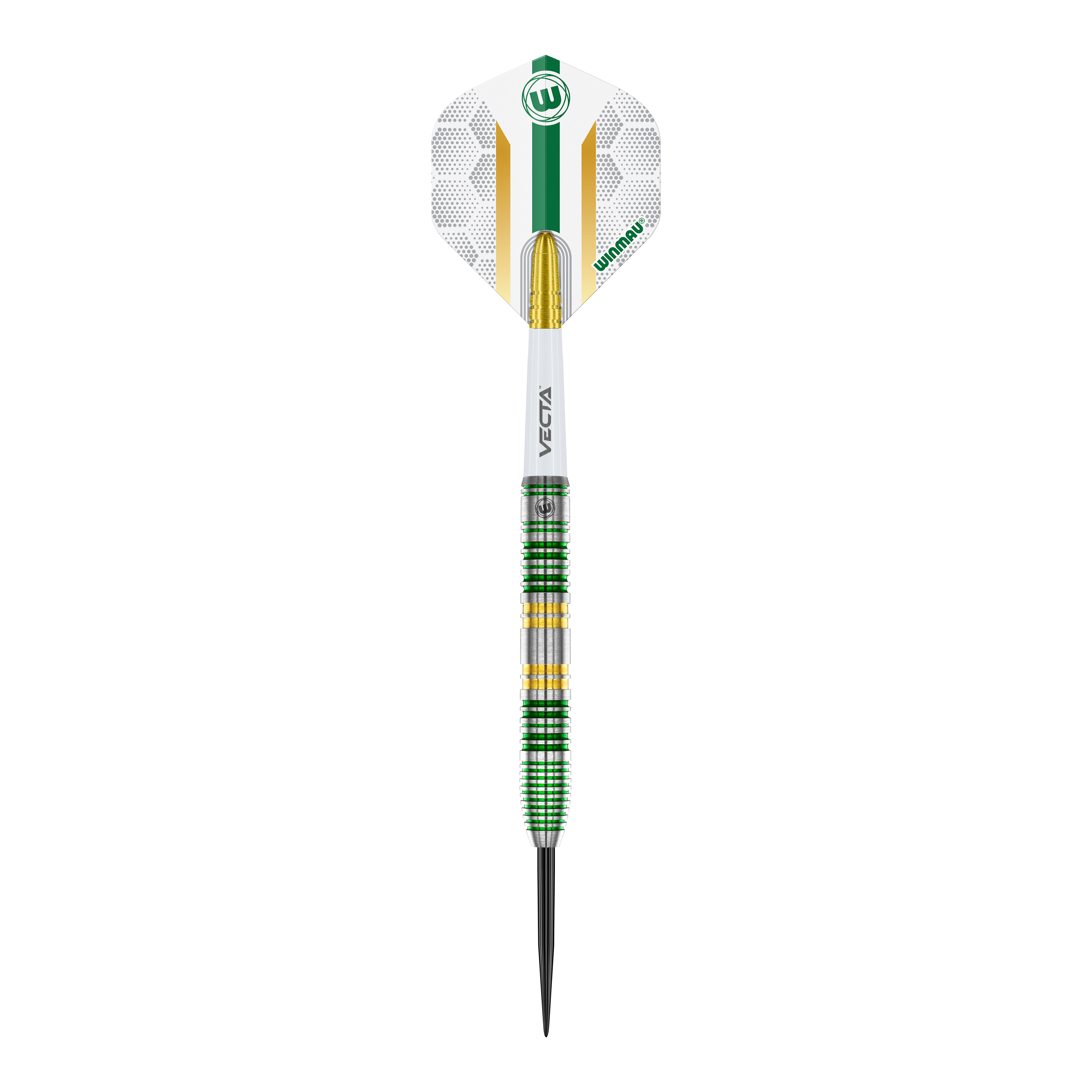 Winmau Xenon Steeldarts Das Bild zeigt einen Winmau Xenon Steeldart mit einer weißen, grünen und goldenen Gestaltung. Der Dartpfeil hat einen markanten Ringgriff und eine spitze Metallspitze.