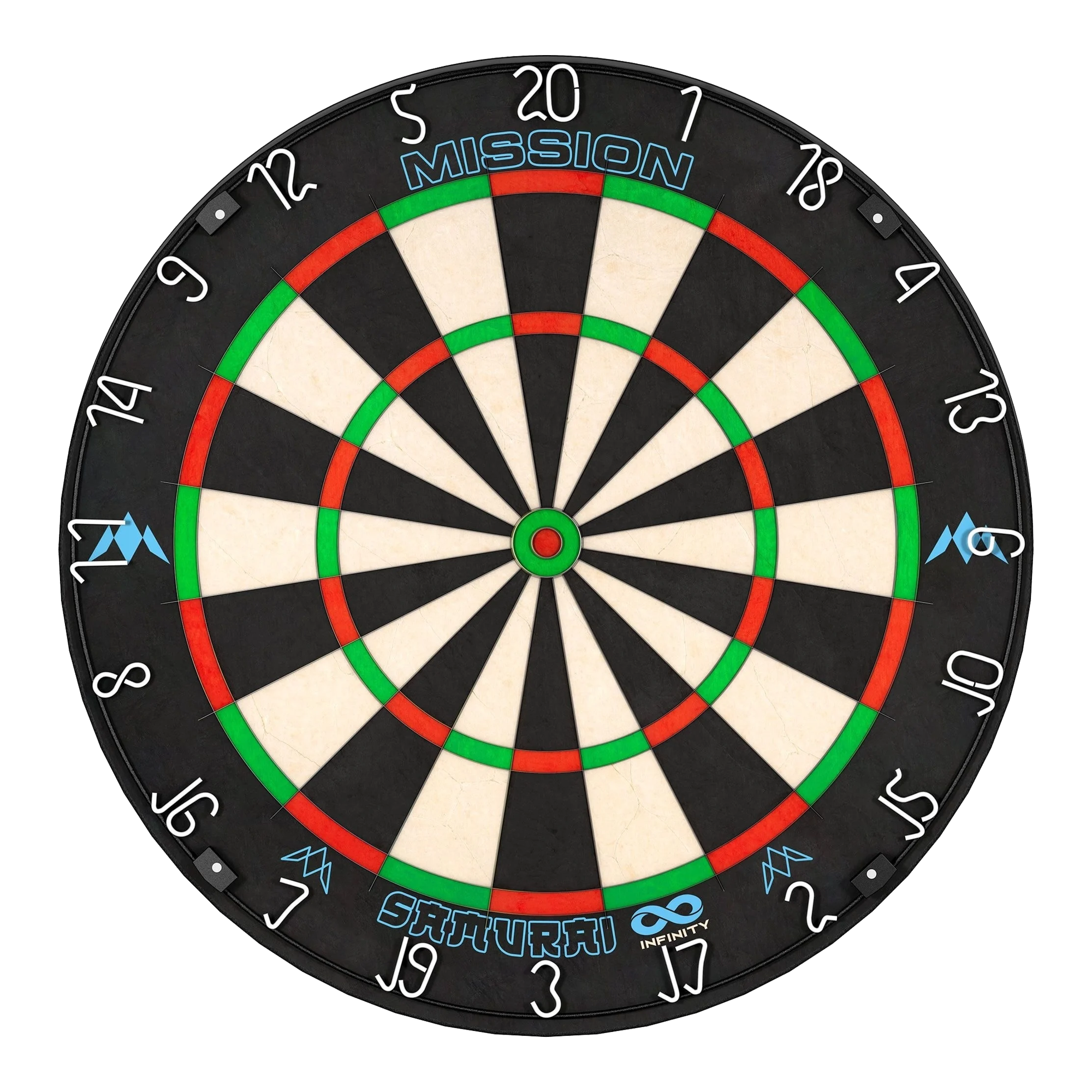 Mission Samurai Infinity steel dartboard Das Bild zeigt eine Steeldartscheibe mit dem Namen "Mission Samurai Infinity". Die Scheibe ist schwarz-weiß mit roten und grünen Markierungen und hat weiße Zahlen am Rand.