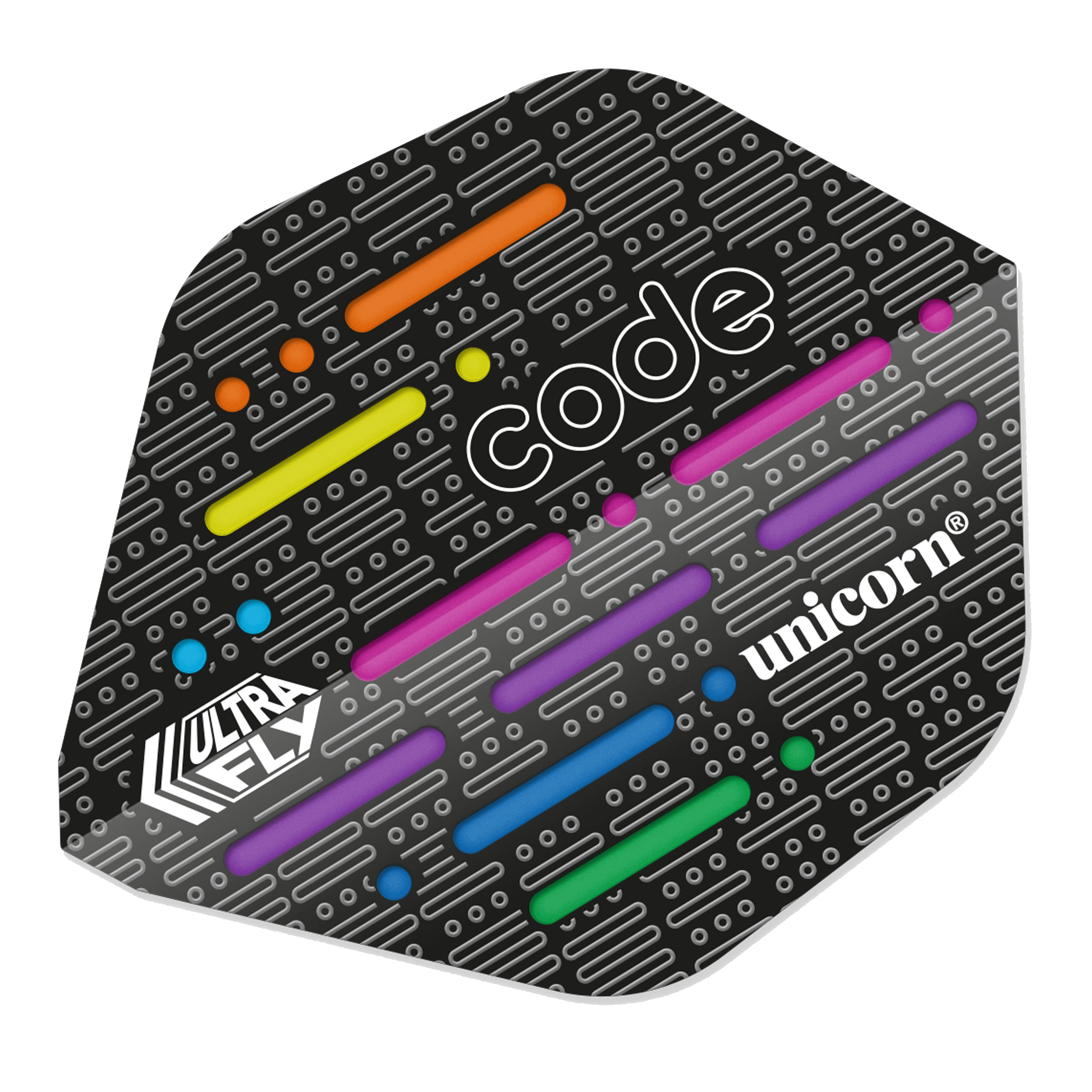 68959_p1 Das Bild zeigt ein Dart-Flight mit dem Namen „Unicorn Ultrafly 75 AR Type 1 Code DNA“. Das Design ist schwarz mit bunten Linien und den weißen Aufschriften „code“, „unicorn“ und „Ultra FLY“.