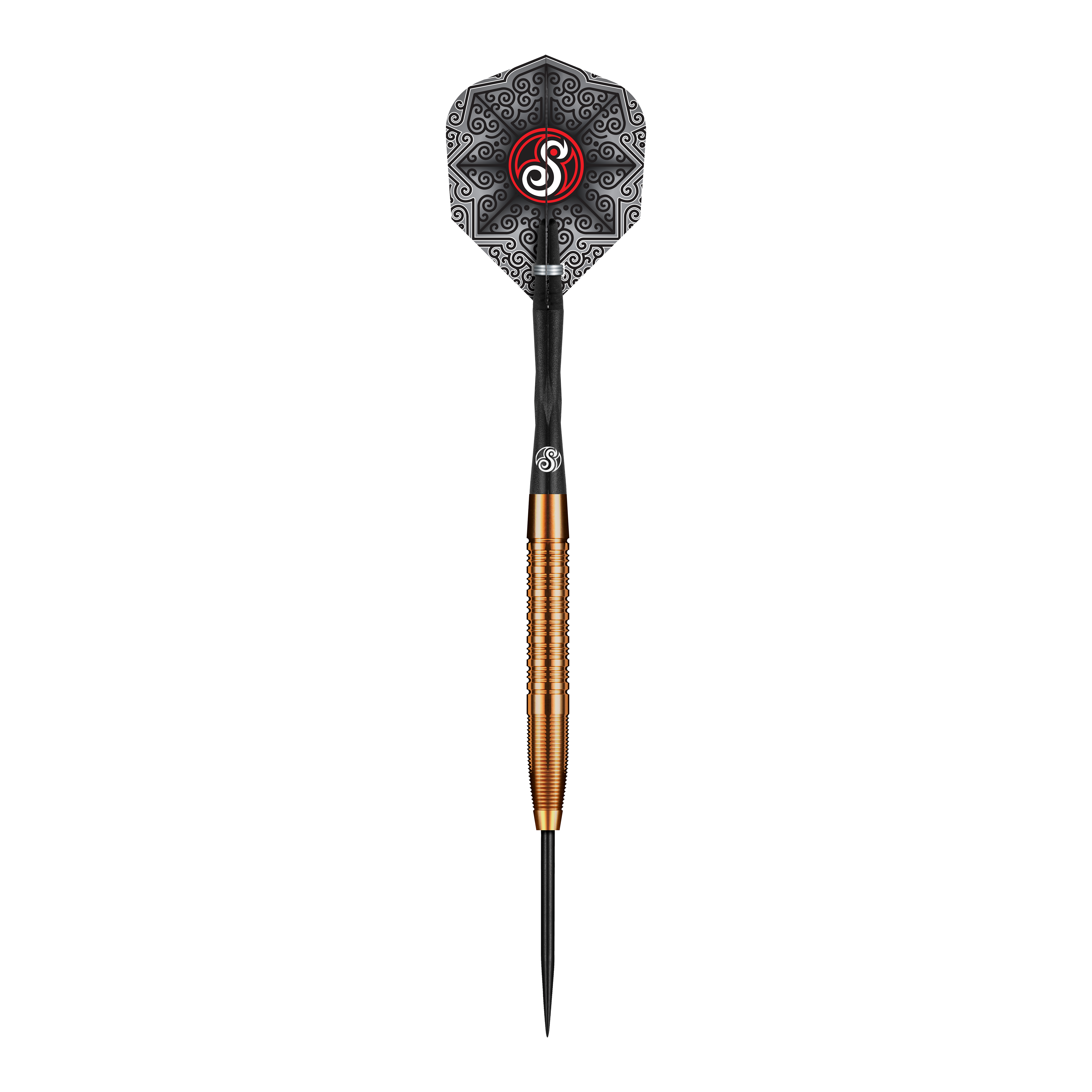 Shot Pro Series Jake Womack Steel Darts - 23g Das Bild zeigt den Shot Pro Series Jake Womack Steeldart mit einem Gewicht von 23 Gramm. Der Dart hat ein auffälliges schwarzes Flight-Design und einen goldfarbenen, gerillten Barrel.