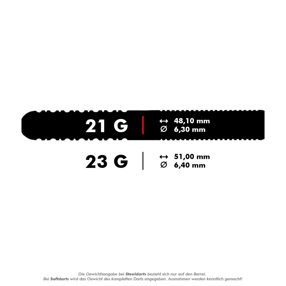 DA624_Datadart_Christian_Bunse_Gold_Black_Steeldarts_5_21g Das Bild zeigt zwei verschiedene Steeldart-Modelle mit den Gewichten 21 Gramm und 23 Gramm. Für 21 Gramm sind die Maße 48,10 mm Länge und 6,30 mm Durchmesser angegeben, für 23 Gramm sind es 51,00 mm Länge und 6,40 mm Durchmesser.