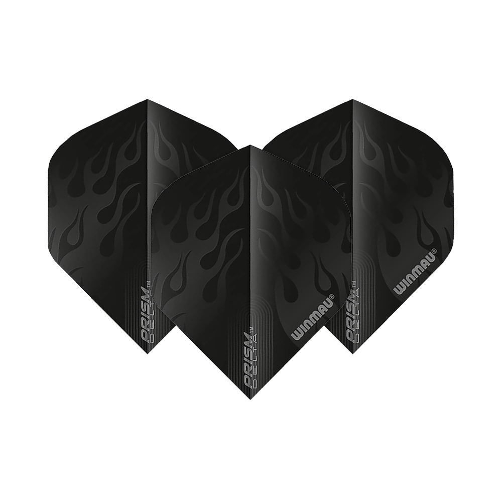 6915-202_Winmau_Prism_Delta_6915-202_Standard_Flights_1wnxHjIB9jzHaM Das Bild zeigt drei schwarze Dart-Flights des Modells "Winmau Prism Delta 6915.202 Standard". Die Flights haben ein Flammenmuster und das Winmau-Logo ist darauf zu sehen.