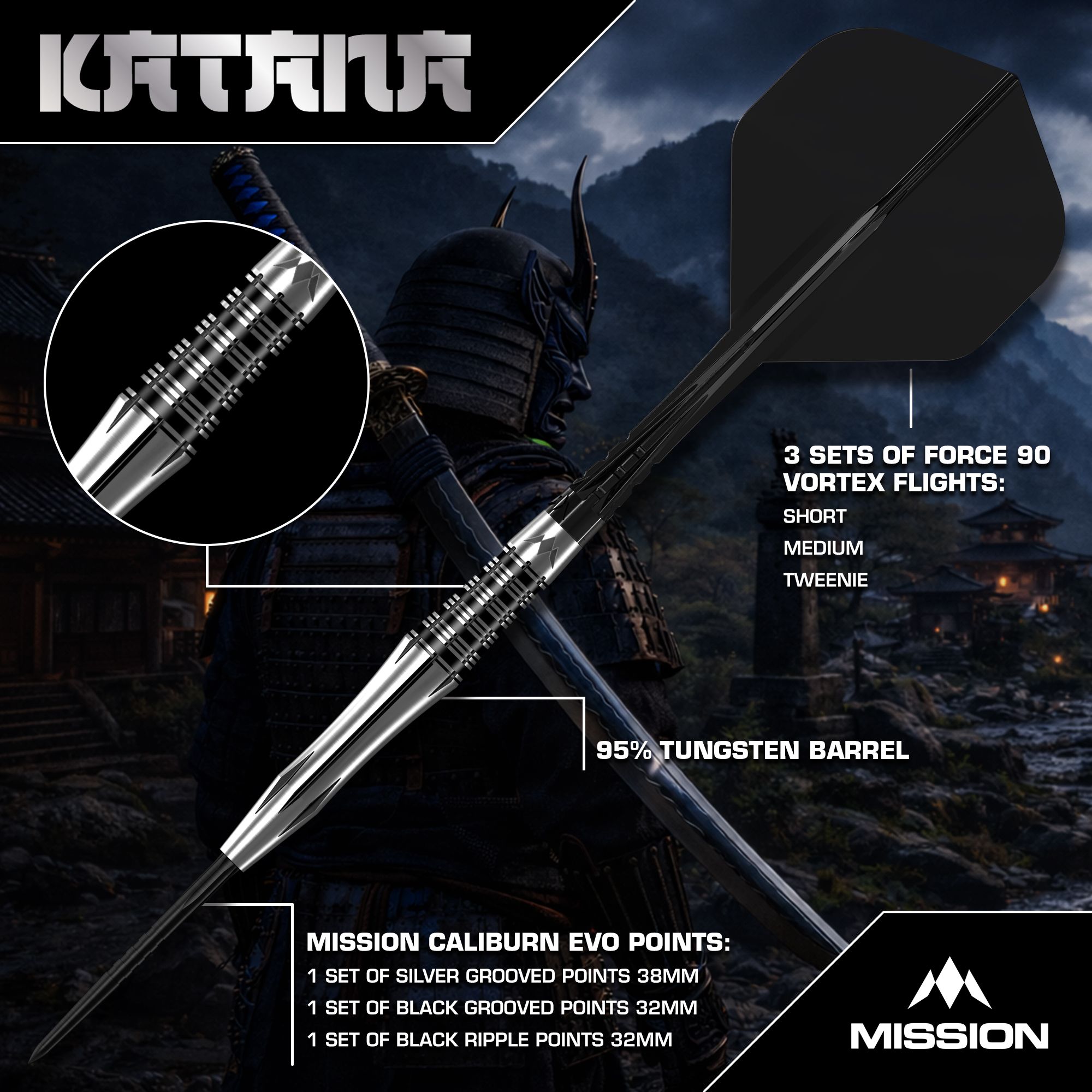 Mission Katana Steel Darts Mission Katana Steeldarts werden präsentiert. Das Foto zeigt das Produkt detailliert für eine bessere Ansicht.