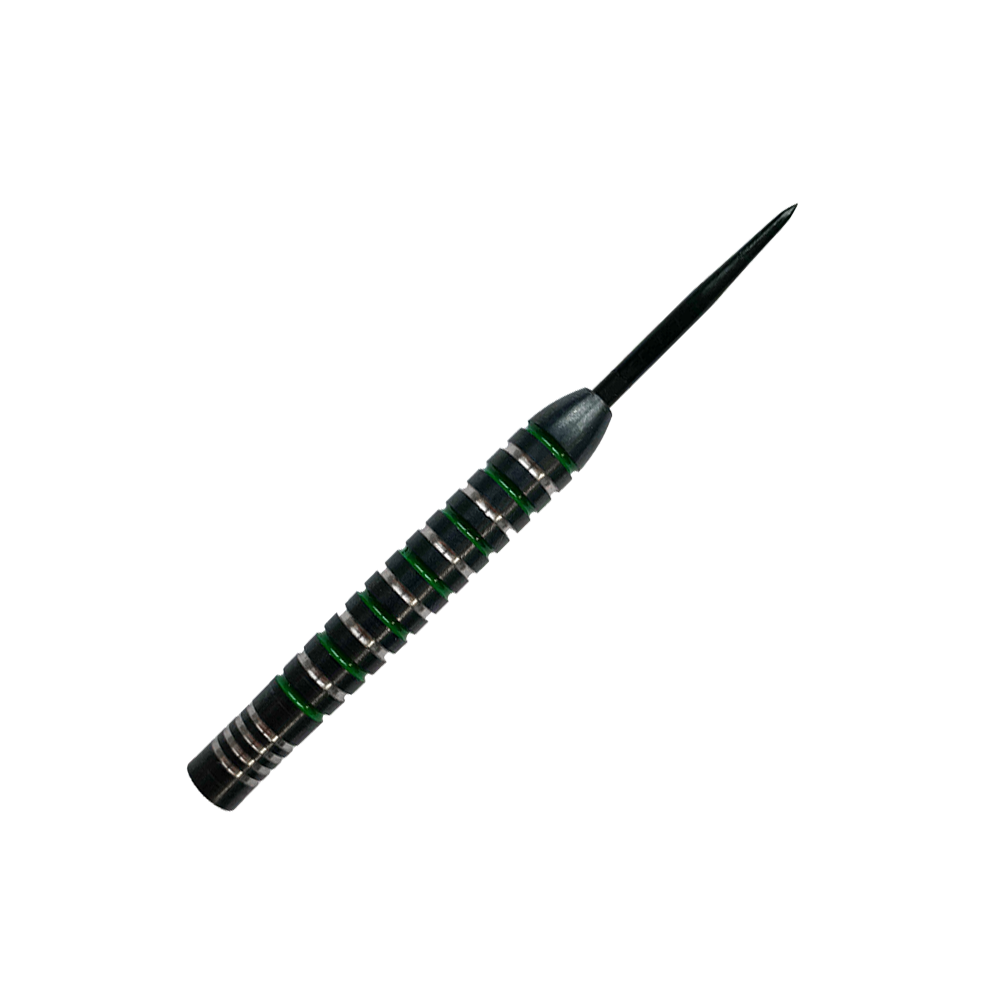 McDart Silver Green Steeldart Barrels Das Bild zeigt einen McDart Silver Green Steeldart Barrel. Der Dart hat silberne und grüne Rillen und eine schwarze Spitze.