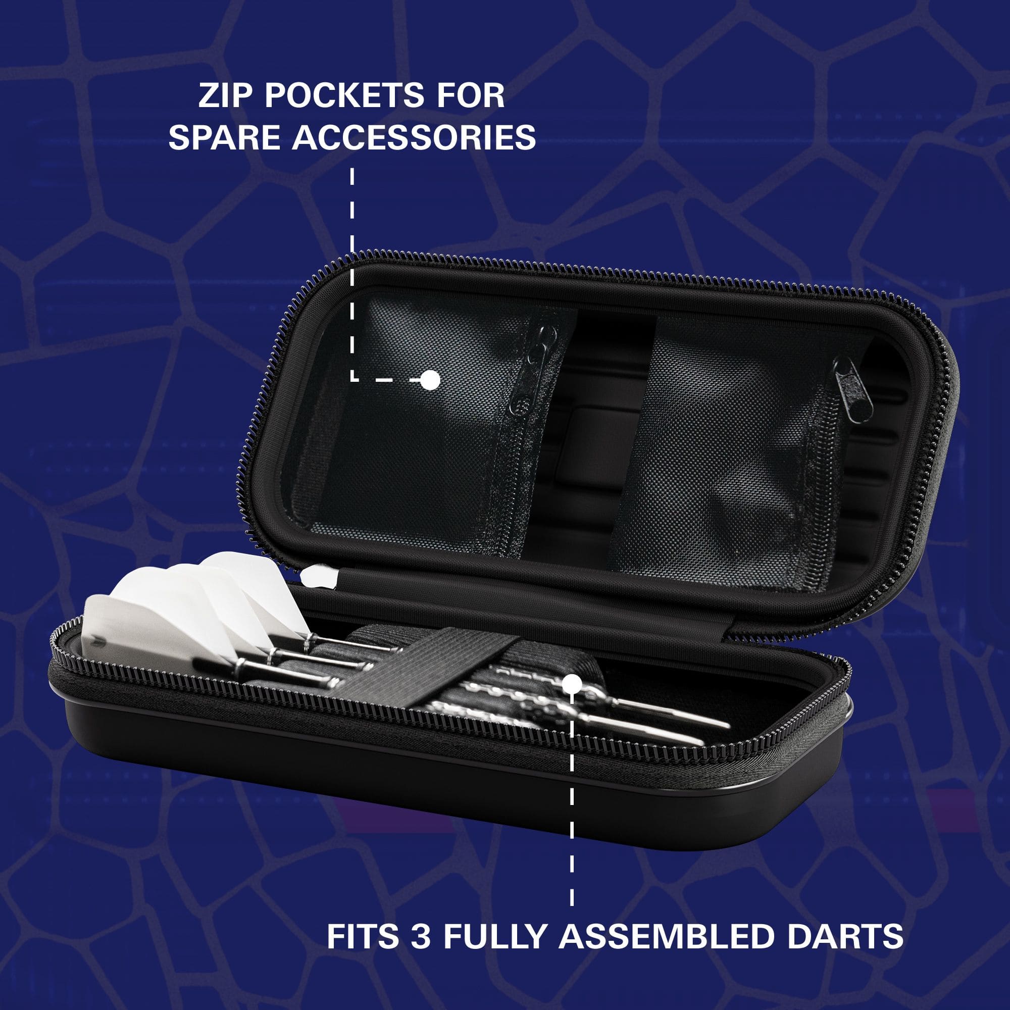 Target Takoma Josh Rock dart case Das Bild zeigt das Target Takoma Josh Rock Dartcase mit drei komplett zusammengebauten Darts. Es verfügt über Reißverschlusstaschen für Ersatz-Zubehör.