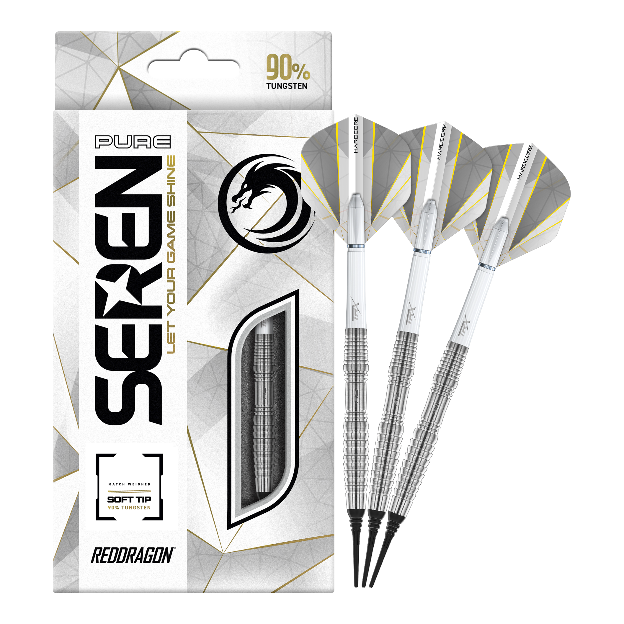 Red Dragon Seren 3 Pure Softdarts - 20g Das Bild zeigt die Red Dragon Seren 3 Pure Softdarts mit 20g Gewicht. Die Verpackung hebt hervor, dass die Darts zu 90% aus Tungsten bestehen.