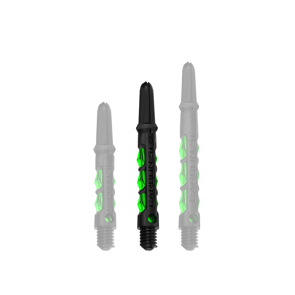 HR423_Harrows_Carbon_ST_Shafts_Gr-n_40mm_1 Das Bild zeigt drei Harrows Carbon ST Shafts in der Farbe Grün. Die Dartschäfte sind aus schwarzem Material mit grünen Akzenten gestaltet.