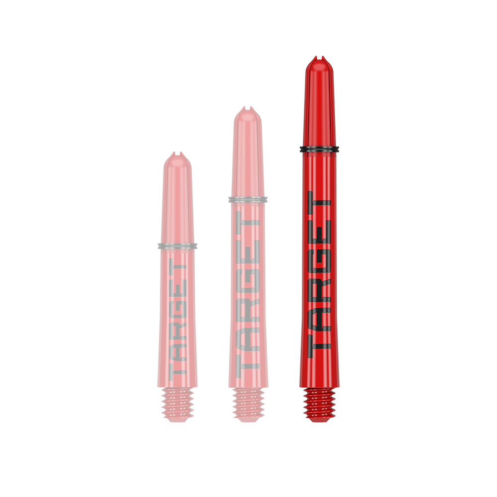 Auf dem Bild sind drei rote Dart-Schäfte in unterschiedlichen Längen zu sehen. Auf jedem Schaft steht das Wort "TARGET" in schwarzen Buchstaben.