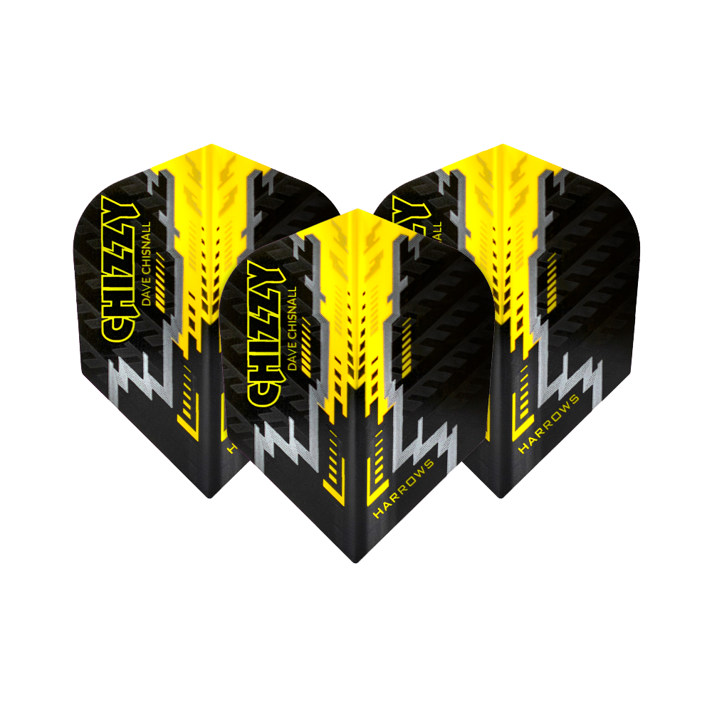 HR7532_Harrows_Dave_Chisnall_Prime_Schwarz_Gelb_No6_Flights_1HrRmepbAnPN9G Das Bild zeigt vier Dartflights des Modells „Harrows Dave Chisnall Prime Schwarz Gelb No6“. Die Flights sind in Schwarz, Gelb und Silber gestaltet und tragen den Schriftzug „CHIZZY“.