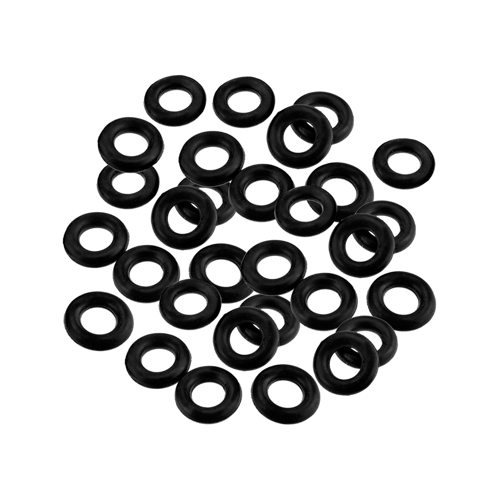 HRC51_Harrows_Clic_O-Rings_30er_1 Auf dem Bild sind mehrere schwarze Harrows Clic O-Rings zu sehen. Sie sind kreisförmig und liegen lose auf einer Fläche verteilt.