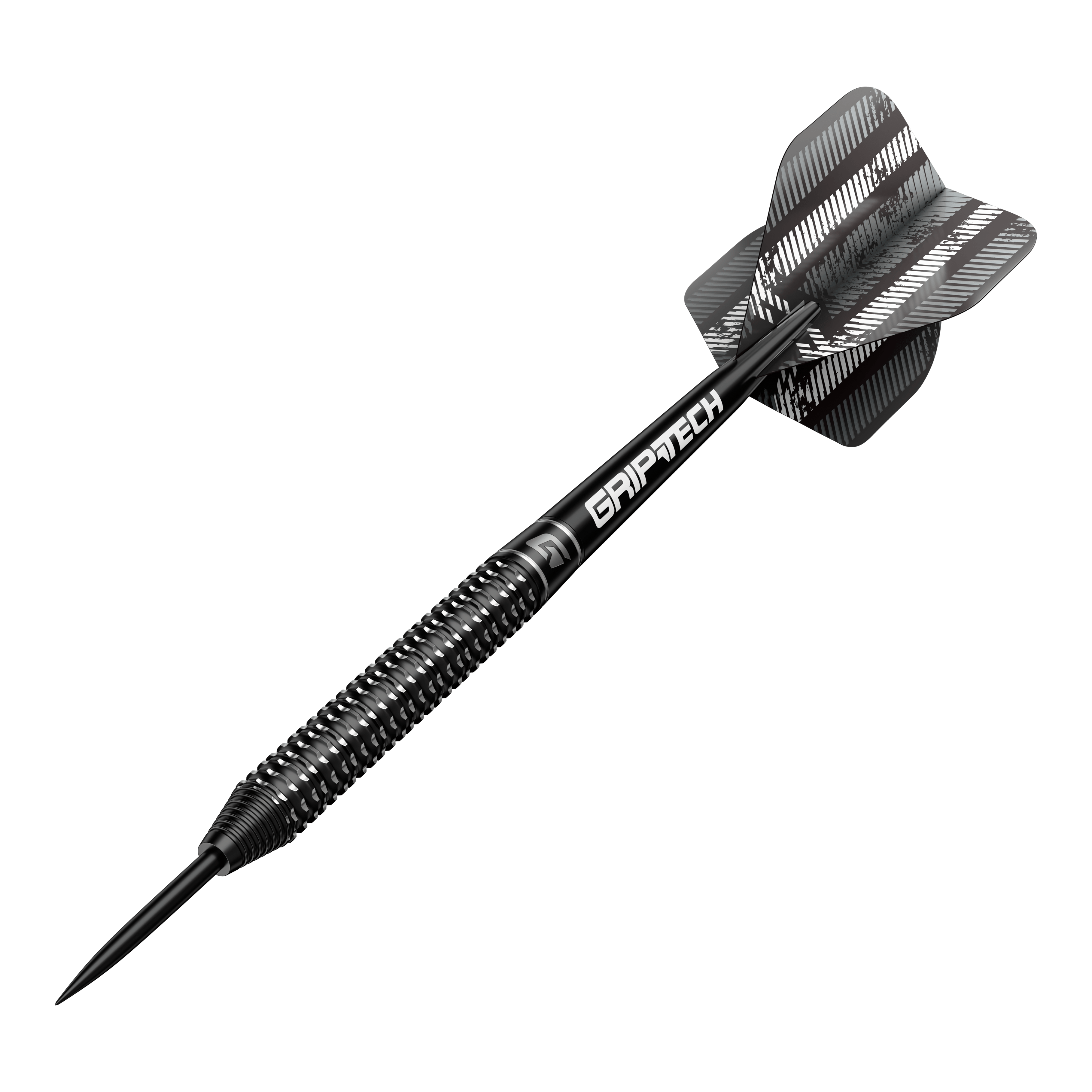 GOAT Sprocket Tungsten Steel Darts Das Bild zeigt einen GOAT Sprocket Tungsten Steeldart. Der Dartpfeil hat ein schwarz-silbernes Design mit der Aufschrift "GRIPTECH" auf dem Schaft.