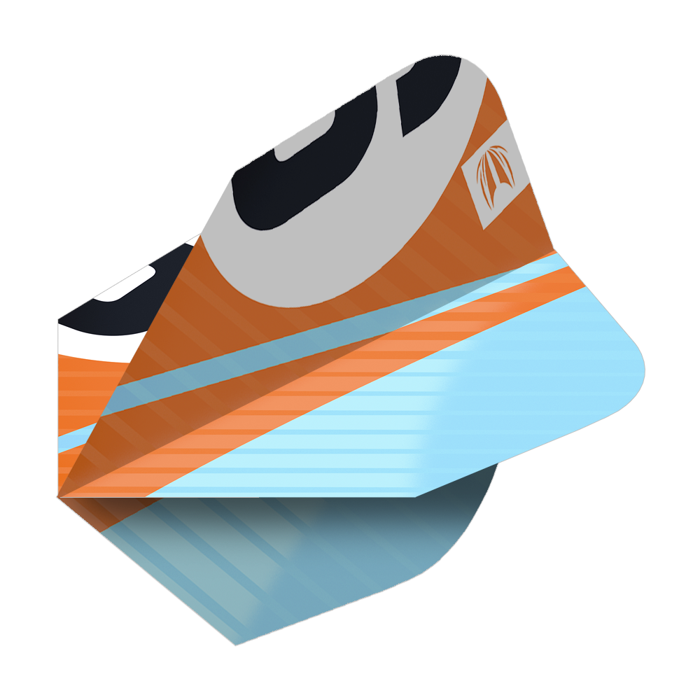 337215_Target_ProUltra_3Sets_Chicane_Orange_Ten-X_Flights_2dJB66sKjtLoOE Das Bild zeigt ein Dart-Flight in Orange, Blau und Schwarz mit einem modernen Design. Es handelt sich um das Produkt "Target Pro Ultra Chicane Orange Ten-X Flights - 3 Sets".
