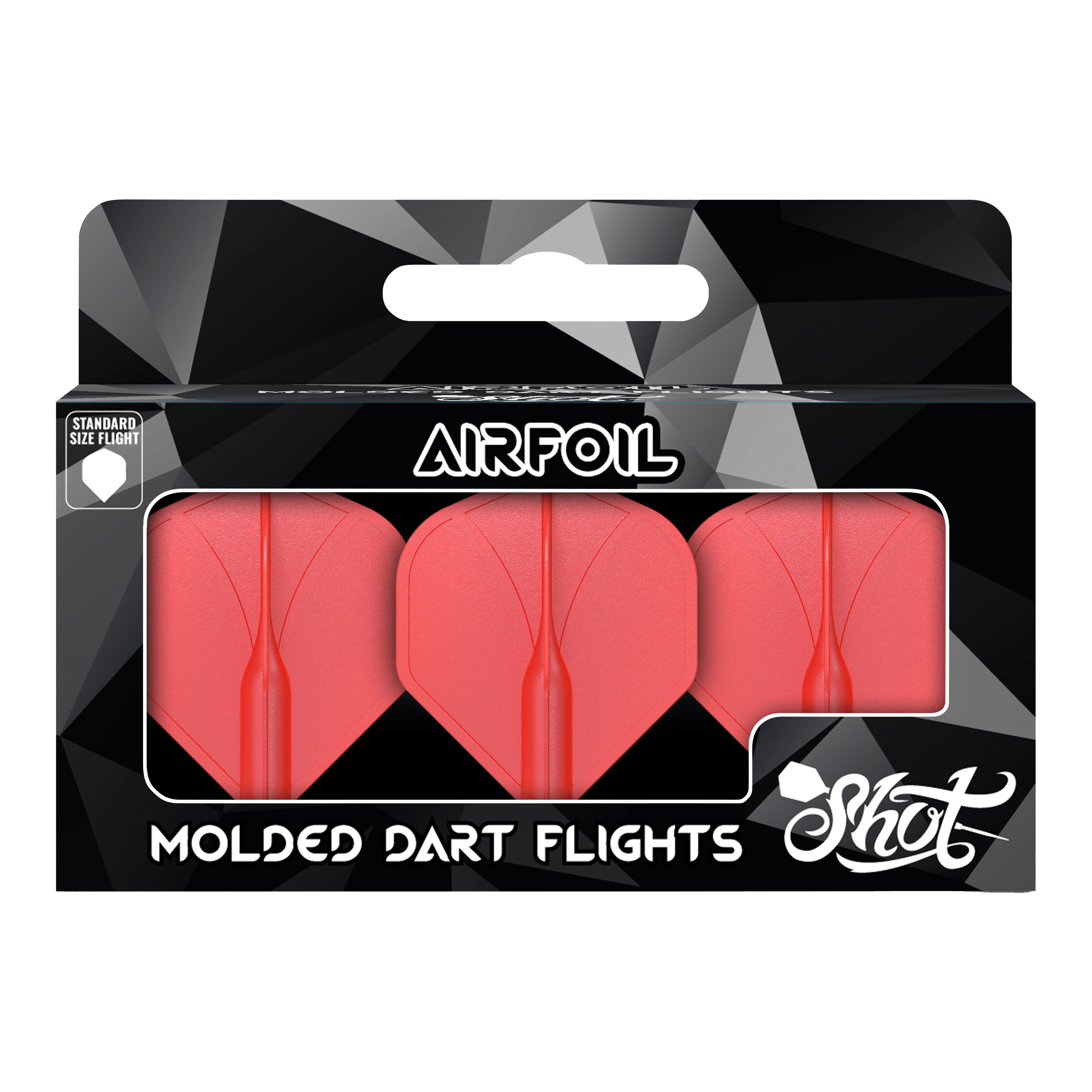 Shot Airfoil Molded No2 Standard Flights Die Verpackung zeigt drei rote, geformte Dart-Flights der Marke Shot. Auf der Vorderseite steht „Airfoil“, und unten ist „Molded Dart Flights“ zu lesen.