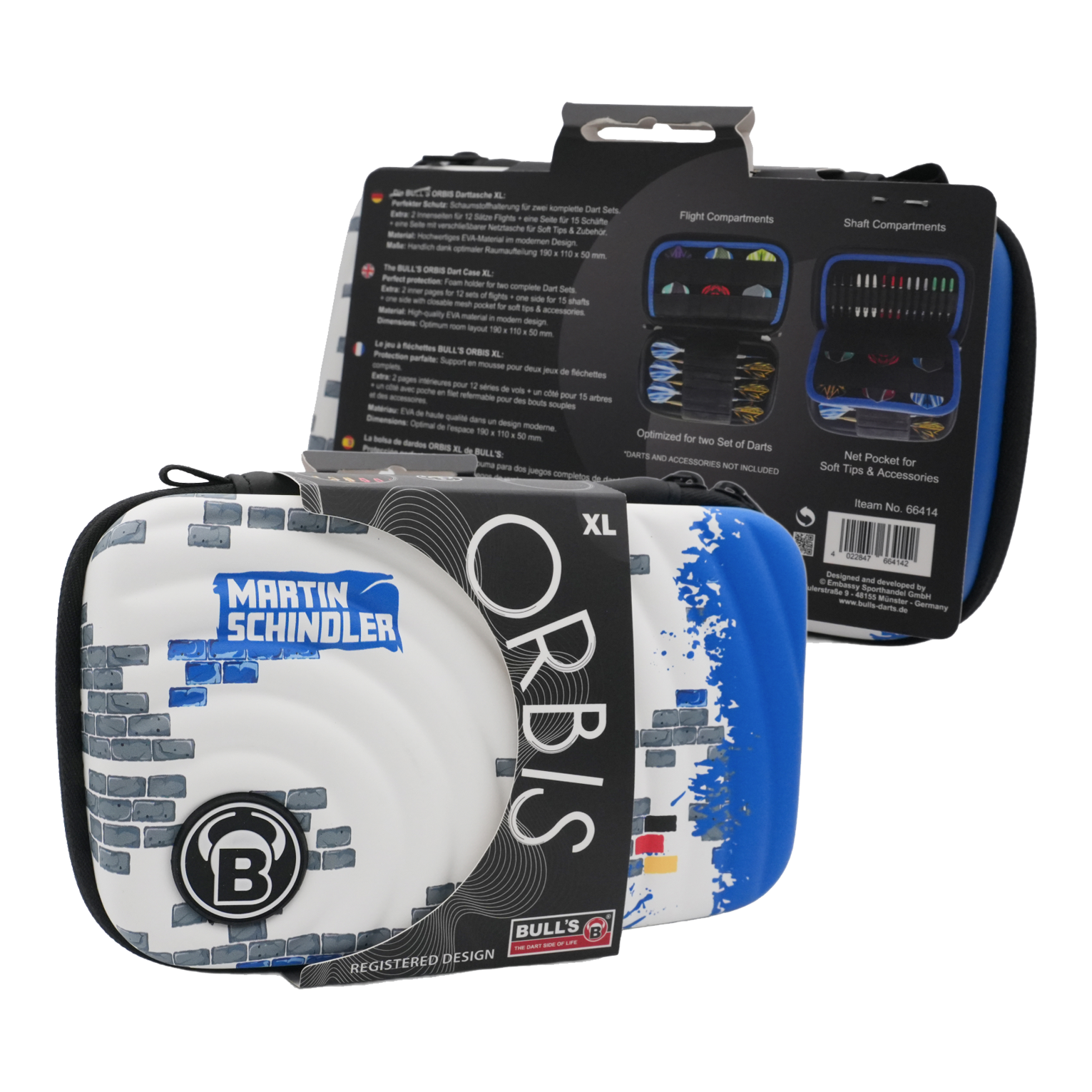 Das Bild zeigt das Produkt "Bulls Orbis XL Martin Schindler Dartcase". Das Dartcase ist weiß mit blauen und grauen Designelementen und bietet Platz für zwei Dart-Sets.