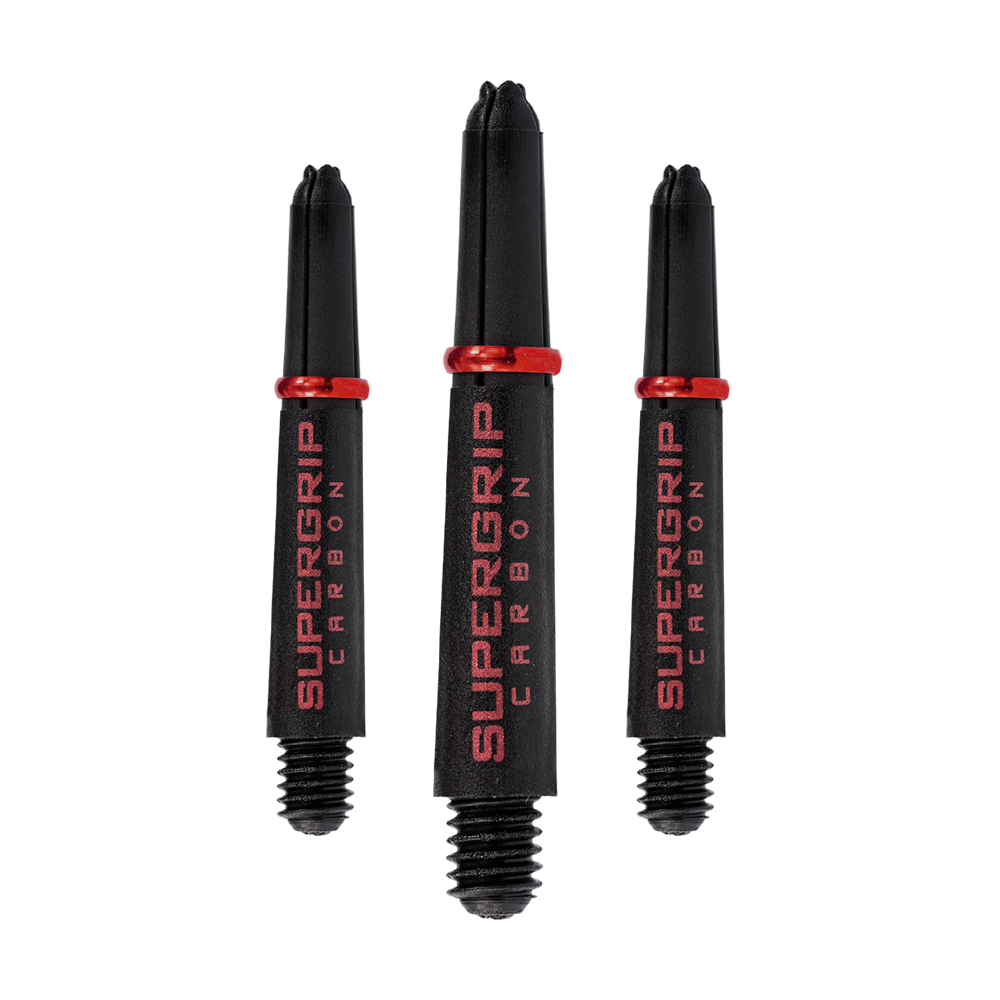 HR357_Harrows_Supergrip_Carbon_Shafts_Rot_33mm_12Lghz75QyQAGv Das Bild zeigt drei schwarze Harrows Supergrip Carbon Shafts mit rotem Schriftzug und roten Ringen. Die Dartschäfte sind in verschiedenen Längen abgebildet.