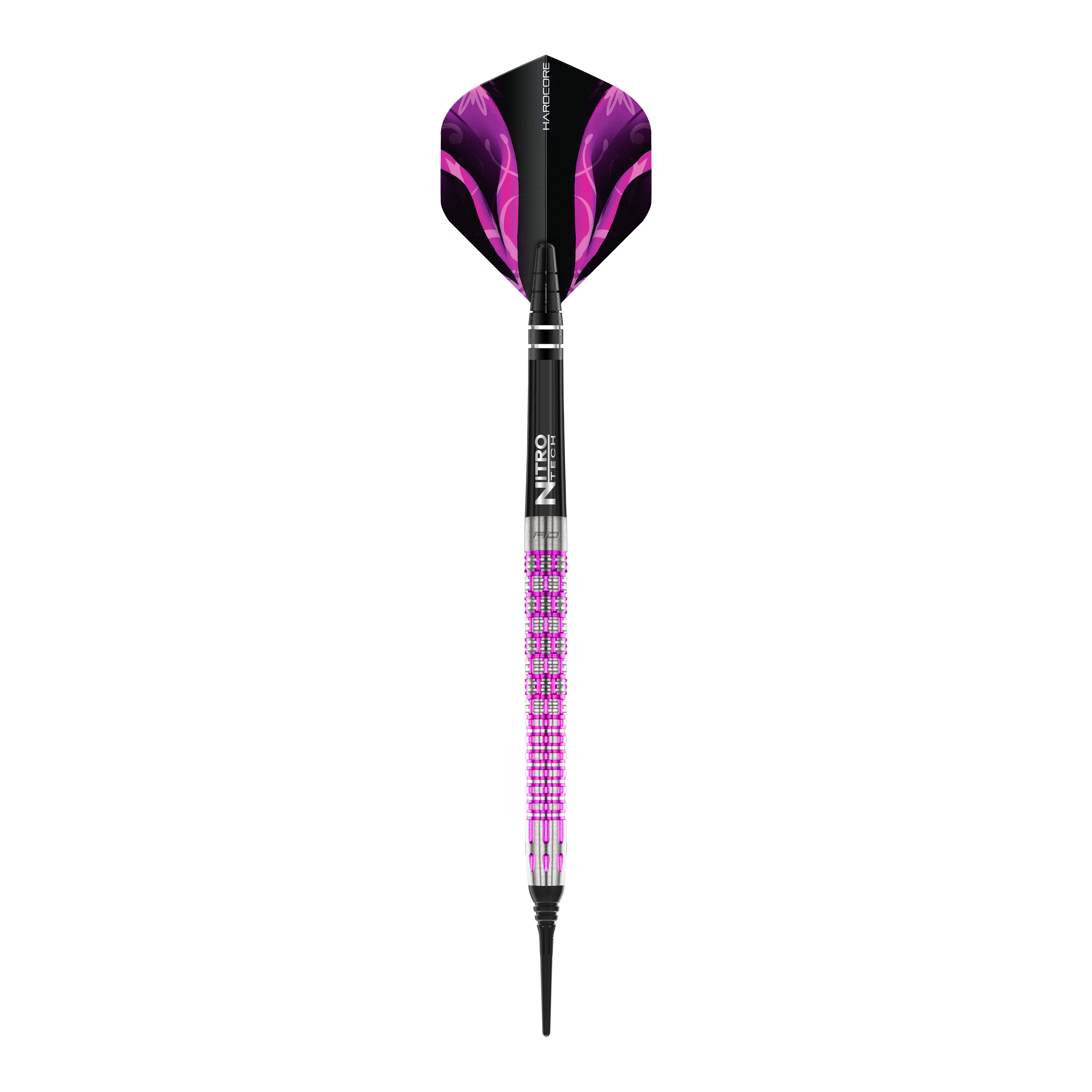 Red Dragon Tyrian Soft Darts - 22g Auf dem Bild ist der Red Dragon Tyrian Softdart mit einem Gewicht von 22g zu sehen. Der Dart hat ein auffälliges Design mit lila und pinken Akzenten.