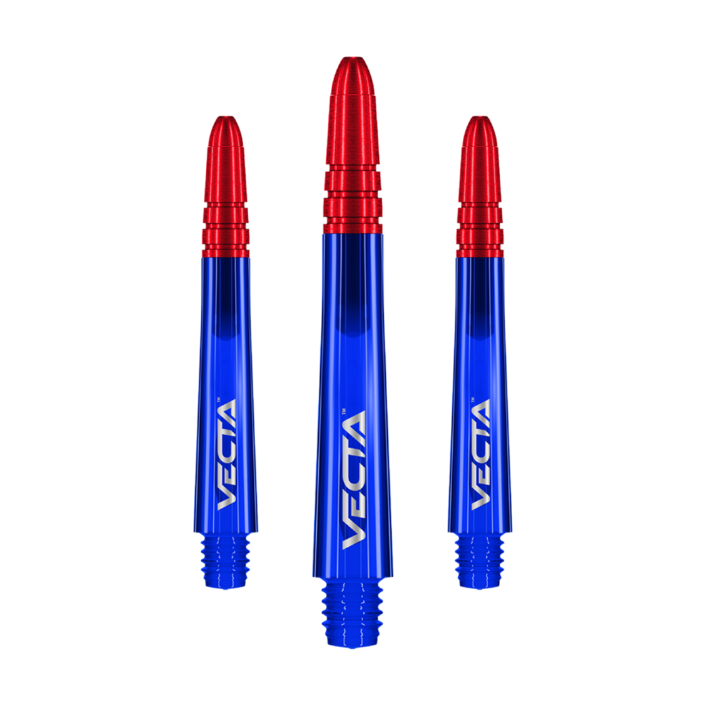 Winmau Vecta Shafts - Blue Red Auf dem Bild sind drei Dartschäfte in leuchtendem Blau mit roten Spitzen zu sehen. Auf jedem Schaft steht das Wort "VECTA" in weißer Schrift.