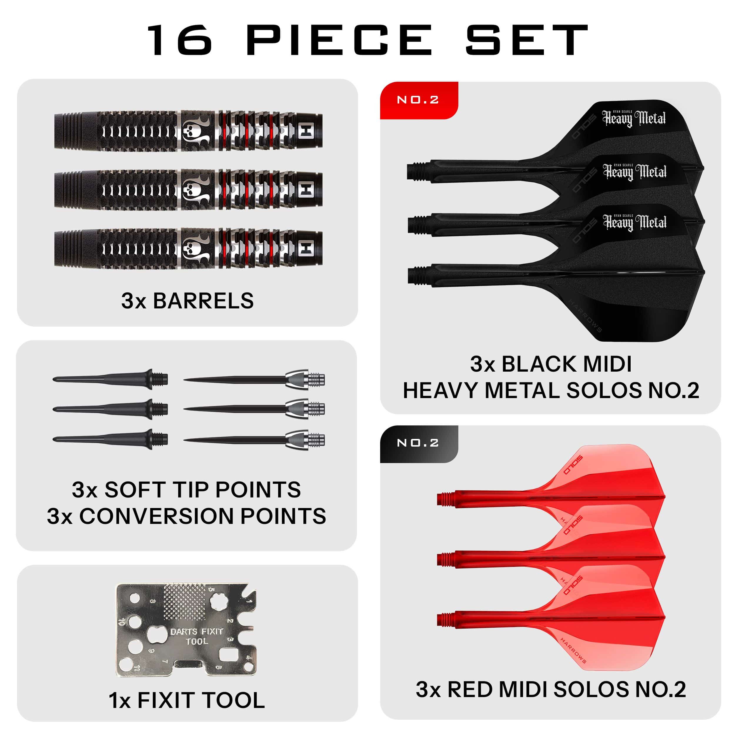 Harrows Ryan Searle Geo Softdarts mit 20g sind abgebildet. Die Darts wirken dynamisch und professionell.