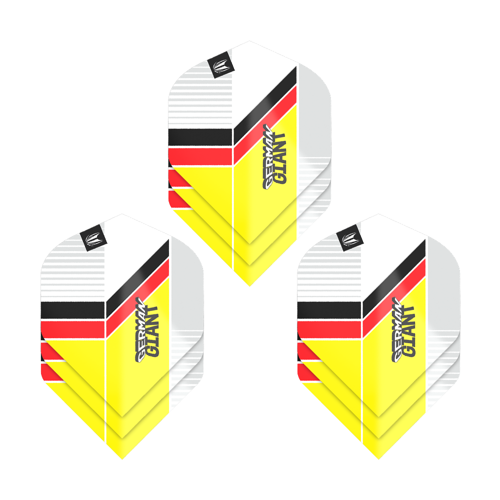 Das Bild zeigt drei Sets von Target Pro Ultra Gabriel Clemens No2 Standard Flights. Die Flights sind in den Farben Gelb, Rot, Schwarz und Weiß gestaltet und tragen den Schriftzug "German Giant".