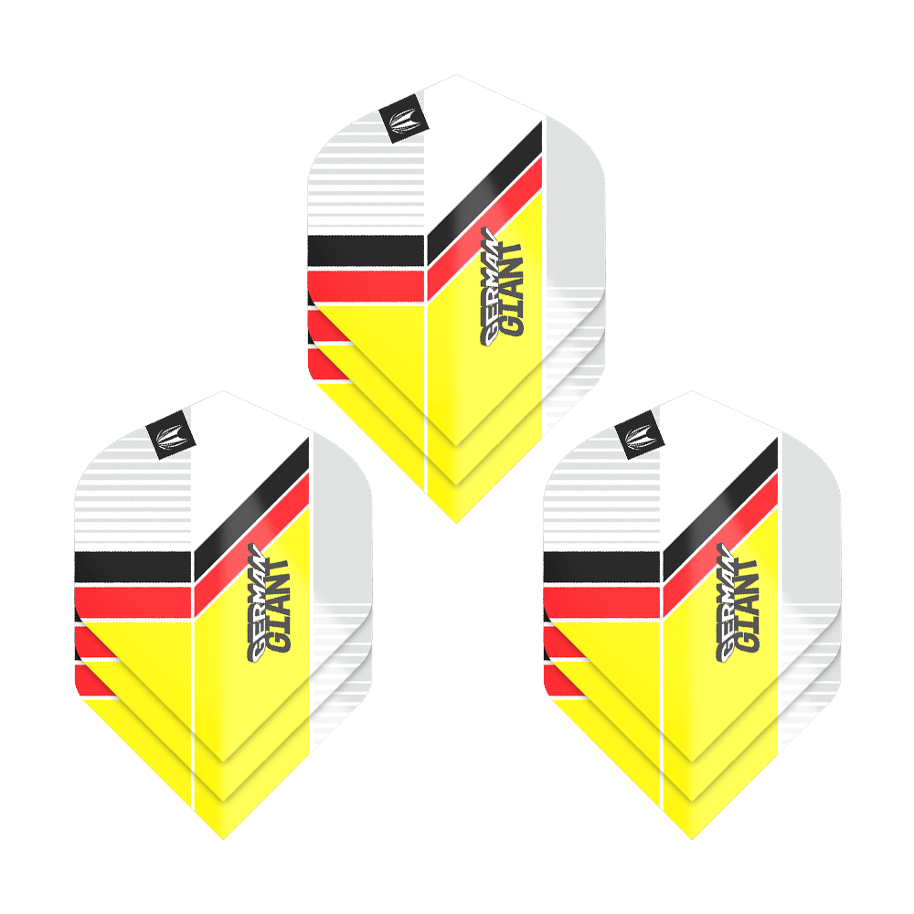 Target Pro Ultra Gabriel Clemens No2 Standard Flights - 3 Sets Das Bild zeigt drei Sets von Target Pro Ultra Gabriel Clemens No2 Standard Flights. Die Flights sind in den Farben Gelb, Rot, Schwarz und Weiß gestaltet und tragen den Schriftzug "German Giant".