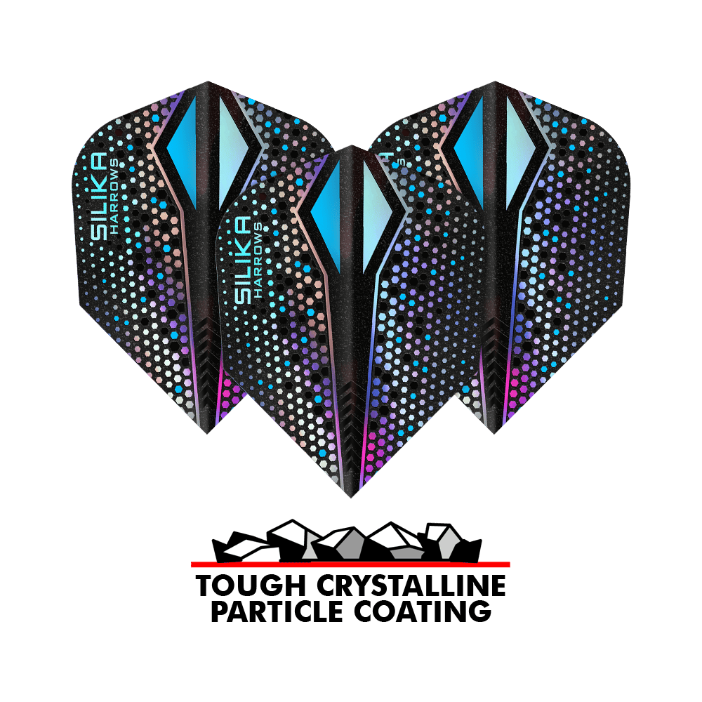 Harrows Silika Colourshift Tough Crystalline Coating Silver-X No6 Flights Das Bild zeigt drei Harrows Silika Colourshift Tough Crystalline Coating Silver-X No6 Flights. Unten im Bild steht "TOUGH CRYSTALLINE PARTICLE COATING" mit einer Grafik von Kristallen.