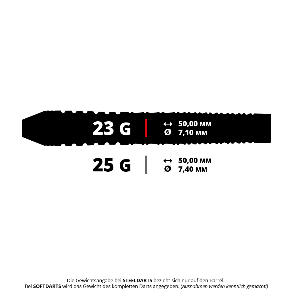 Das Bild zeigt die Maße und Gewichte von Steeldarts mit 23 g und 25 g. Die Längen sind jeweils 50,00 mm, der Durchmesser beträgt 7,10 mm bzw. 7,40 mm.