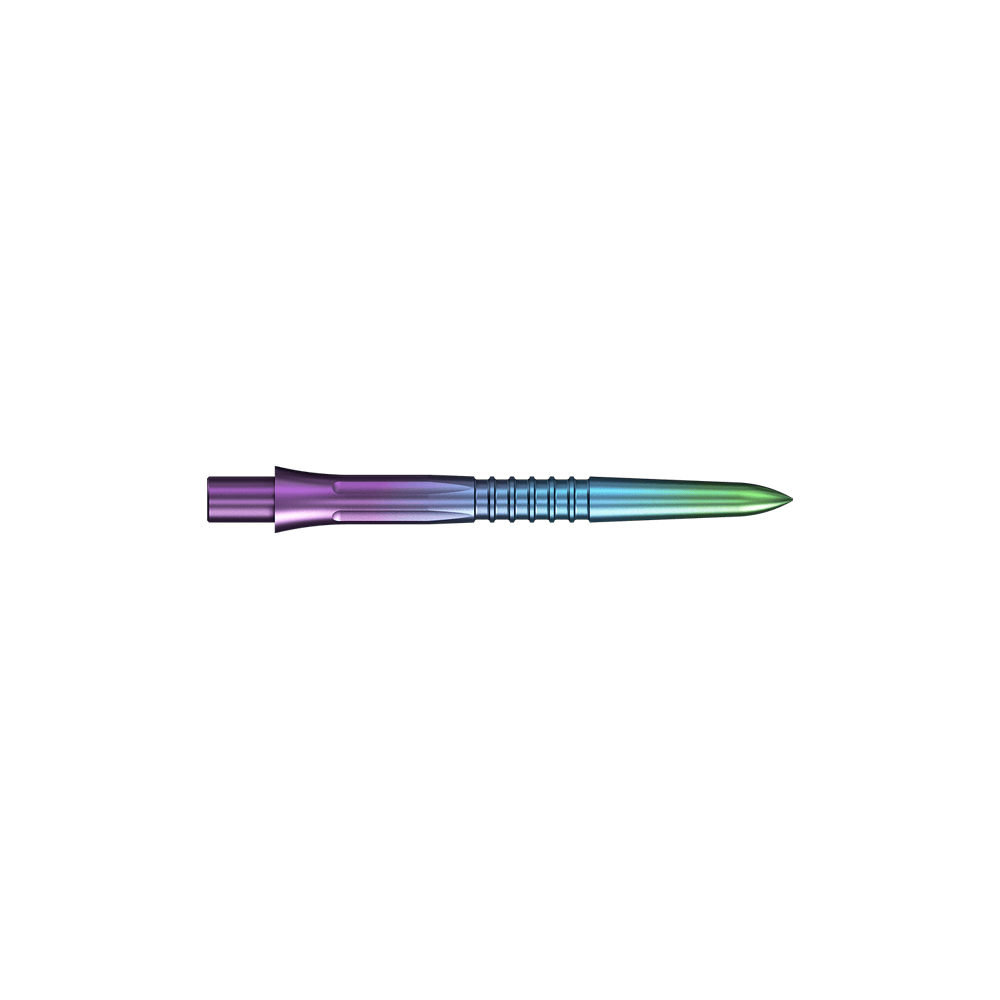 Mission Caliburn EVO dart tips GV1 - Rainbow Eine bunte Steeldartspitze mit Rainbow-Finish wird dargestellt. Die Spitze ist schlank und schimmert in mehreren Farben.